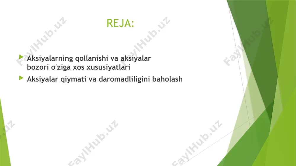 orlar o‘zlarining kompaniyadagi ulushi miqdorida aksiyalarni sotib olishlari mumkin. huquq afzalligi yana yangi aksiyalar ochiq bozorga chiqmasidan oldin nominal yoki bozor bahosidan arzon narxda aksiyador tomonidan xarid qilinishi mumkin. buning natijasida bunday afzaliy huquq oldi sotdi obyekti bo‘lishi mumkin; korporativ tuzilma tugatilishida mulk qismidan ulush olish huquqi. kompaniyaning tugatilishi - bu kompaniya o‘z faoliyatini to‘xtatishi, barcha kreditorlar bilan qarzdorliklarni hisob kitob qilishi, qolgan mulkni aksiyadorlar o‘rtasida taqsimlashi va boshqalar. ovoz huquqi - oddiy aksiya egalari uchun muhim xususiyat. ammo xorijiy kompaniya oddiy aksiyalarini sotib olayotganda shunga e’tibor berish lozimki, oddiy aksiyalarni chiqarayotganda kompaniyalar investorlarning ovoz huquqini cheklovchi yoki umuman rad etuvchi aksiyalarni ham emissiya qilishi mumkin. aksincha, bunga qarshi ko‘p ovozli, ya’ni bitta aksiya egasiga bir nechta ovoz huquqini beruvchi aksiyalar ham chiqarilishi mumkin (ayniqsa, chet el kapitali ishtirokidagi kompaniyalarda). umumiy holda aksiyadorlar huquqlariga quyidagilarni kiritish mumkin (4.1-rasm). aksiya - emissiyaviy qimmatli qog‘oz bo‘lib, o‘z egasiga quyidagi huquqlarni beradi: aksiya …