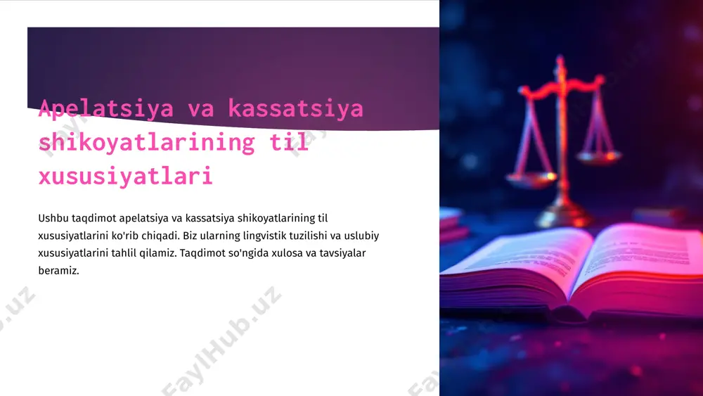 adi. ta'sirchanlik dalillar ta'sirchan tarzda ifoda etilishi kerak. sudga ta'sir o'tkaza oladigan argumentlar keltiriladi. 6 shikoyatlarning stilistik xususiyatlari: rasmiylik va aniqlik 1 rasmiylik shikoyatlar rasmiy uslubda yoziladi. til me'yorlariga qat'iy rioya qilinadi. 2 aniq ifoda har bir fikr aniq va ravshan ifodalanishi zarur. murakkab jumlalardan qochish kerak. 3 qisqalik shikoyat qisqa va lo'nda bo'lishi lozim. ortidan so'zlardan voz kechish zarur. 7 xulosa va tavsiyalar apelatsiya va kassatsiya shikoyatlarining til xususiyatlariga e'tibor berish muhim. bu shikoyatning muvaffaqiyatli bo'lishiga yordam beradi. tavsiyalar: yuridik terminlarni to'g'ri qo'llang, dalillarni mantiqiy bayon eting, rasmiy uslubga rioya qiling. 8 image2.png image3.png image4.png image5.png image6.png image7.png image8.png image9.png image10.png image11.png image12.png image13.png image1.jpeg