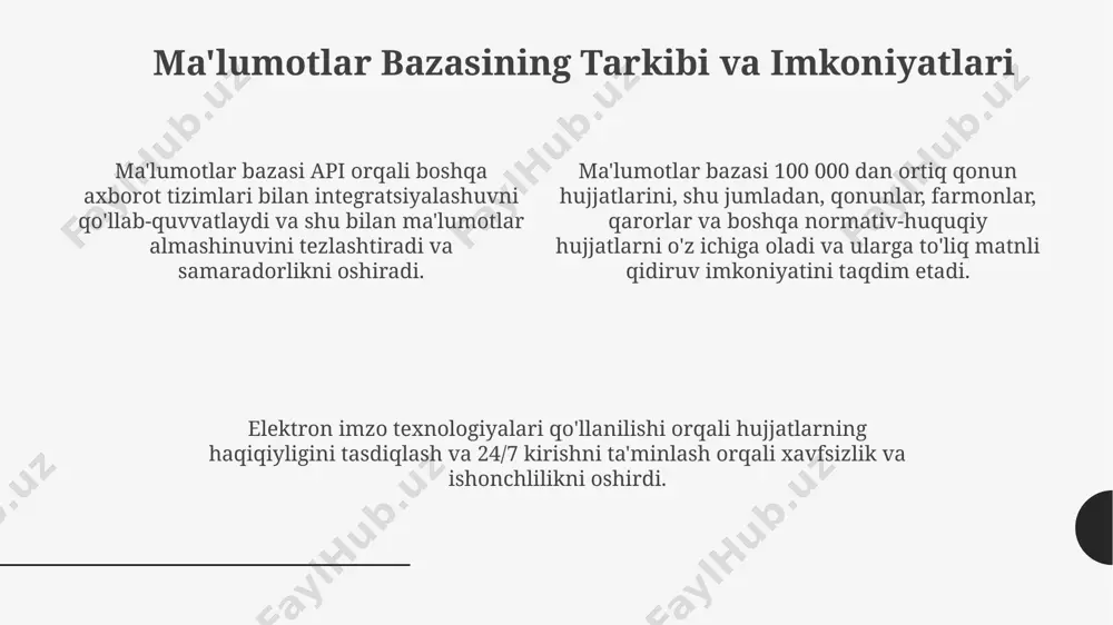 tmoqda va 20 mingdan ortiq huquqiy hujjatlarni o'z ichiga oladi, shu jumladan konstitutsiya va qonunlar. ma'lumotlar bazasi foydalanuvchilarga matnli va to'liq matnli qidiruv imkoniyatini taqdim etadi, shuningdek, hujjatlarni pdf formatida yuklab olish mumkin. bazada 5 ta tilga tarjima qilingan hujjatlar mavjud bo'lib, bu qonun hujjatlariga kirishni sezilarli darajada yaxshilaydi va xalqaro hamkorlikni rivojlantirishga yordam beradi. qonun hujjatlariga kirish va qidiruv tizimi “qonun hujjatlariga kirish va qidiruv tizimi” 100 000 dan ortiq hujjatni, jumladan, qonunlar, farmonlar va qarorlarni o'z ichiga oladi va bu ma'lumotlarga onlayn kirish imkonini beradi. tizim, matnli qidiruv funksiyasi bilan bir qatorda, hujjatlarni turli mezonlar, masalan, qabul qilingan sana yoki hujjat turi bo'yicha filtrlash imkoniyatini taqdim etadi. “qonun hujjatlariga kirish va qidiruv tizimi” foydalanuvchilarga hujjatlarning to'liq matnini yuklab olish, shuningdek, pdf formatida 50 dan ortiq tilga tarjima qilingan versiyalarni yuklab olish imkoniyatini beradi. elektron hukumatning asosiy funktsiyalari elektron hukumat portalining asosiy funktsiyalaridan biri – 300 dan ortiq davlat …