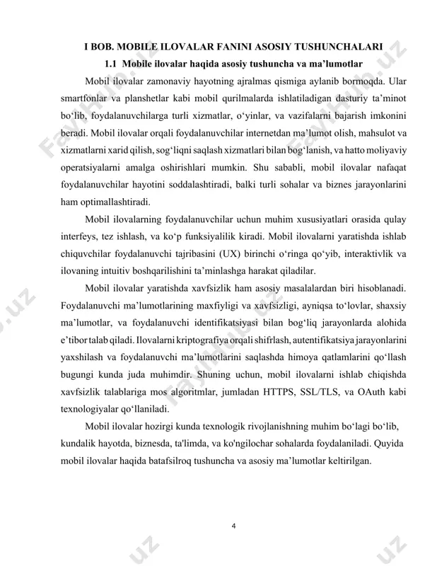 bir operatsion tizim uchun maxsus ishlab chiqiladi: android uchun: java yoki kotlin dasturlash tillarida yoziladi. ios uchun: swift yoki objective-c tillaridan foydalaniladi. afzalliklari: qurilma xususiyatlariga to‘liq kirish imkoniyati (kamera, gps, mikrafon). yuqori ishlash tezligi va barqarorlik. kamchiliklari: har bir platforma uchun alohida kod yozilishi kerak. ishlab chiqish xarajatlari yuqori bo‘lishi mumkin. 2. cross-platform ilovalar kross-platforma ilovalar — bir kod bazasi orqali bir necha platformalar uchun ishlab chiqiladi. bunda flutter (dart), react native, va boshqa freymvorklar ishlatiladi. flutter hozirgi kunda eng ommabop kross-platforma texnologiyalardan biri bo‘lib, u orqali ios va android uchun bir xil kod yozish orqali ilovalar yaratish imkoniyati mavjud. flutter ilovalari yuqori tezlik va sifat bilan ajralib turadi. bitta kod bazasi bilan bir nechta platformalar uchun ilovalar yaratishga imkon beradi. bunda flutter, react native, xamarin kabi texnologiyalardan foydalaniladi. afzalliklari: tez ishlab chiqish jarayoni. bitta kod bilan android va ios uchun ishlab chiqish imkoniyati. kamchiliklari: ba’zan platformaga xos funksiyalarni qo‘llab-quvvatlash …