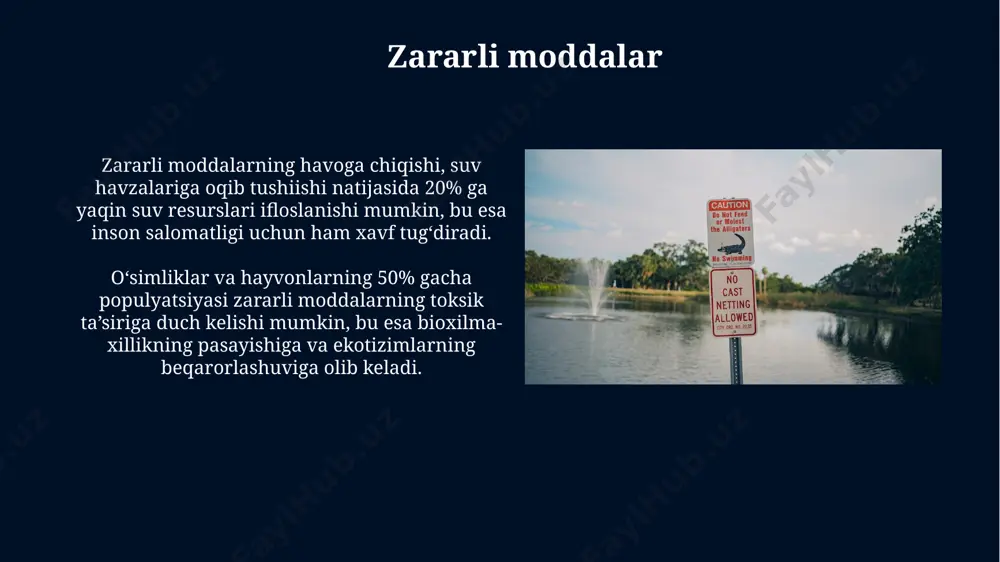 on dollarga yaqin iqtisodiy zarar yetdi, bu asosan hosil kamayishi va chorvachilikka ta’siri bilan bogʻliq. orol dengizining qurib qolishi natijasida mintaqada 20 milliard dollardan ortiq iqtisodiy zarar koʻrilgan, bu yerlarning unumdorligining pasayishi va suv resurslarining kamayishi bilan bogʻliq. antropogen ta'sirlar antropogen ta'sirlar natijasida yer yuzidagi 1 million dan ortiq turdagi o'simlik va hayvonlarning yo'qolib ketish xavfi mavjud, bu esa biosferaning barqarorligiga jiddiy tahdid soladi. dunyo okeanlaridagi plastik chiqindilar miqdori 150 million tonnani tashkil etadi, bu esa dengiz hayotining 80% dan ortig'iga salbiy ta'sir ko'rsatadi va oziq-ovqat zanjiri buziladi. sog'liqni saqlash xatarlari oziq-ovqat mahsulotlarining pestitsidlar bilan ifloslanishi natijasida yiliga 10000 dan ortiq odam o'tkir zaharlanish bilan kasallanadi va ulardan 5%i o'lim bilan yakunlanadi. suv havzalari ifloslanishi natijasida suv orqali yuqadigan kasalliklar, masalan, tifo yoki dizenteriya holatlari 30% ga ortishi mumkin. o'rtacha kasallanish ko'rsatkichi 500 kishiga to'g'ri keladi. e'tiboringiz uchun rahmat @taqdimot_robot image5.jpg image6.jpg image7.jpg image8.jpg image9.jpg image10.jpg image11.jpg image12.jpg image13.jpg image14.jpg …