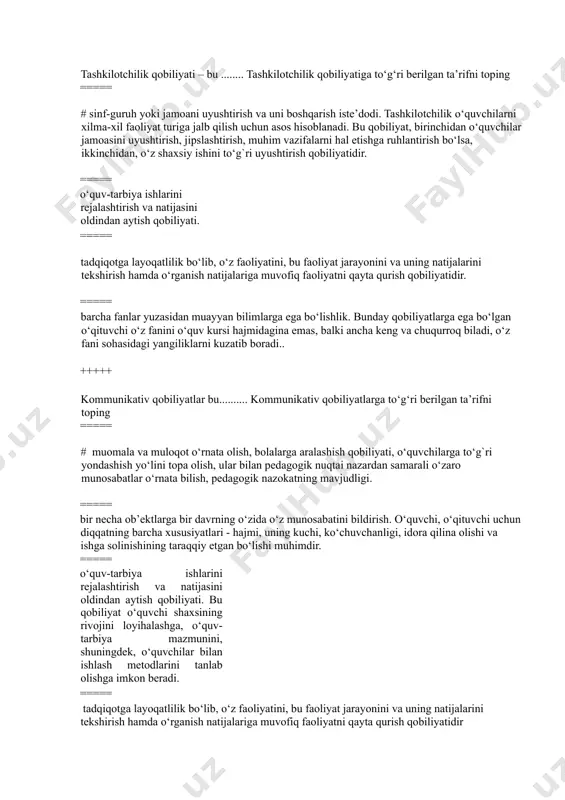 dindan aytish qobiliyati. bu qobiliyat o‘quvchi shaxsining rivojini loyihalashga, o‘quv-tarbiya mazmunini, shuningdek, o‘quvchilar bilan ishlash metodlarini tanlab olishga imkon beradi. ===== bir necha ob’ektlarga bir davrning o‘zida o‘z munosabatini bildirish. o‘quvchi, o‘qituvchi uchun diqqatning barcha xususiyatlari - hajmi, uning kuchi, ko‘chuvchanligi, idora qilina olishi va ishga solinishining taraqqiy etgan bo‘lishi muhimdir. ===== muomala va muloqot o‘rnata olish, bolalarga aralashish qobiliyati, o‘quvchilarga to‘g‘ri yondashish yo‘lini topa olish, ular bilan pedagogik nuqtai nazardan samarali o‘zaro munosabatlar o‘rnata bilish, pedagogik nazokatning mavjudligi. +++++ pedagogik qobiliyatlar tizimiga kiradigan yordamchi xususiyatlar va hislatlar quyidagilardan iborat, ular to‘g‘ri ko‘rsatilgan qatorni toping ===== # aql–idrokning muayyan turlari, hozirjavoblik, kamchiliklarga tanqidiy e’tibor, sobitqadamlik; o‘qituvchining nutqi: notiqlik san’ati, so‘z boyligining teranligi; aktyorlik xususiyati: mimika va pantomimika, xayoliy fantaziya ishlata olish, ruhiy hissiyotni jilovlay olish; pedagogik takt va pedagogik nazokatga ega bo‘lish ===== o‘z kasbiga muhabbat, o‘quvchilarni seva olishi. mutaxassislik fanini mukammal bilishi, unga qiziqishi. pedagogik taktga (odob va go‘zallikka) …