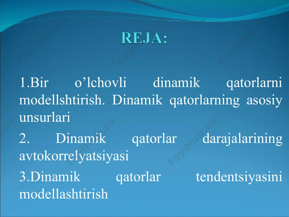i trendni tavsiflovchi analitik funktsiyalarni tuzishdan iborat. bu usul vaqtli qatorlarni analitik tekslash deb ataladi. trendlarni tuzish uchun ko’proq quyidagi funktsiyalar qo’llaniladi: chiziqli trend: giperbola: eksponentsial trend: ko’rsatkichli funktsiya shaklidagi trend: ikki va undan yuqori tartibli parabola: tendentsiya turlarini aniqlashning bir qancha usullari mavjud. eng ko’p tarqalgan usullar qatoriga o’rganilayotgan jarayonni sifat jihatidan tahlil qilish, qator darajalarini vaqtga bog’liqligi grafigini qurish va uni tahlil qilish, dinamikaning ayrim asosiy ko’rsatkichlarini hisoblash usullarini kiritish mumkin. tendentsiya turlarini aniqlashda qator darajalarining avtokorrelyatsiya koeffitsientlarini qo’llash mumkin. tendentsiya turi berilgan va qayta tuzilgan qatorlar darajalari bo’yicha hisoblangan birinchi tartibli avtokorrelyatsiya koeffitsientlarini solishtirish yo’li bilan aniqlanadi. trend parametrlarini hisoblash. misol.«n»-yilning 10 oyi nominal oylik ish haqining oylar bo’yicha «n-1»-yilning dekabr oyidagi darajasiga nisbatan foiz hisobida o’sish sur’ati haqidagi ma’lumotlar 1-jadvalda berilgan. oylar nominal oylik ish haqining o’sish sur’ati oylar nominal oylik ish haqining o’sish sur’ati yanvar 82,9 iyun 121,6 fevral 87,3 iyul 118,6 mart 99,4 avgust …