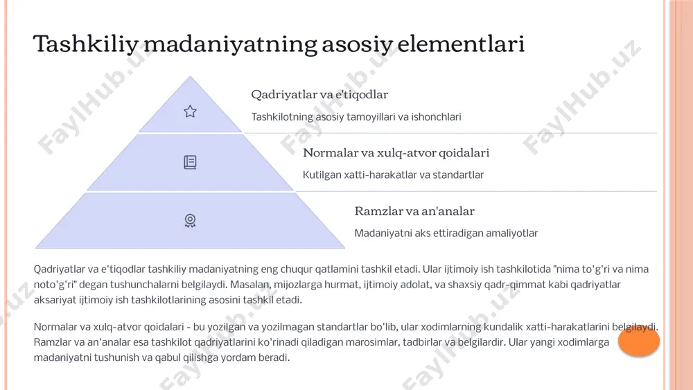 arayon bir necha bosqichlarni o'z ichiga oladi va odatda uzoq vaqt davom etadi: tashkilot rahbariyati tomonidan yangi qadriyatlarni namoyish etish xodimlarni jalb qilish va o'qitish tizimlar va tuzilmalarni qayta ko'rib chiqish yutuqlarni nishonlash va rag'batlantirish doimiy monitoring va takomillashtirish 8 ijtimoiy ish tashkilotlarida samarali madaniyat belgilari mijozga yo'naltirilganlik samarali ijtimoiy ish tashkilotlarida madaniyat birinchi navbatda mijozlar ehtiyojlariga qaratilgan bo'ladi. bu quyidagilarni o'z ichiga oladi: har bir mijozga individual yondashish mijozlarning kuch-quvvatini va imkoniyatlarini qo'llab-quvvatlash mijozlarning fikrlarini va qayta aloqasini qadrlash xizmatlarni mijozlar ehtiyojlariga mos ravishda moslashtirish hamkorlik va jamoaviy ish ijtimoiy muammolarning murakkabligi hamkorlik va jamoaviy ishni talab qiladi: turli mutaxassisliklar o'rtasida hamkorlik bilim va tajriba almashish uchun ochiq muhit jamoaviy qaror qabul qilish jarayonlari bir-birini qo'llab-quvvatlash va yordam berish innovatsiyalarga ochiqlik ijtimoiy muammolarning o'zgaruvchan tabiati innovatsion yechimlarni talab qiladi: yangi g'oyalar va yondashuvlarni qo'llab-quvvatlash tajriba o'tkazish va risk qilishga ruxsat berish xatolarni o'rganish imkoniyati sifatida qabul qilish doimiy o'rganish …