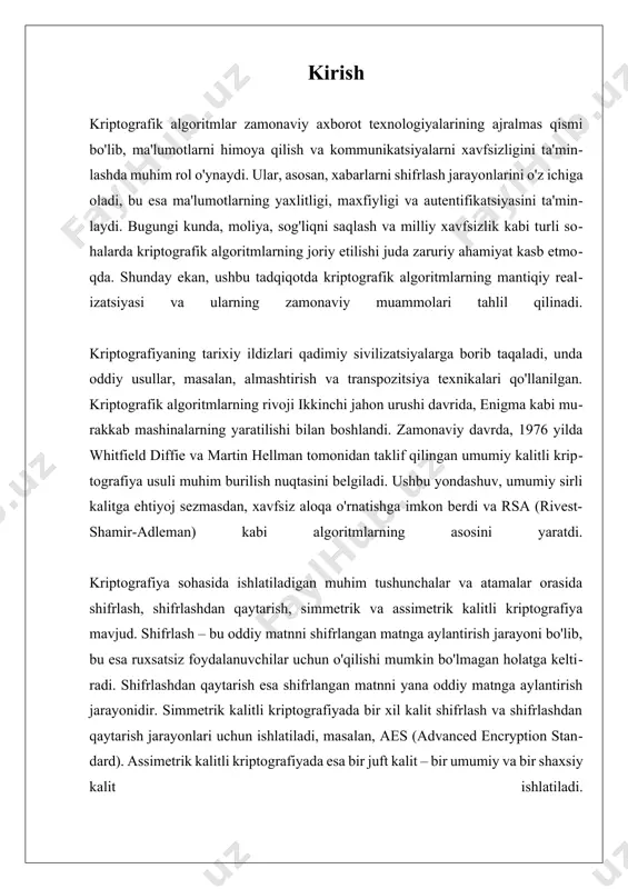 ularning zamonaviy qo'llanilishi klassik kriptografiya usullari tarixiy jihatdan muhim o‘ringa ega bo‘lib, ular zamonaviy kriptografiya uchun poydevor hisoblanadi. klassik usullar, asosan, matnlarni shifrlash va dekodlash uchun ishlatiladigan oddiy algoritmlardan iborat bo‘lib, ular o‘zlarining oddiyligi va samaradorligi bilan ajralib turadi. bu bo‘limda, klassik kriptografiya usullari va ularning zamonaviy qo‘llanilishi haqida batafsil ma’lumot beriladi. klassik kriptografiya usullaridan eng mashhurlari orasida o‘rni bor shifrlash usullari, masalan, caezar shifri, vigenere shifri va transpozitsiya shifrlari mavjud. caezar shifri, eng oddiy va eng qadimiy shifrlash usullaridan biri bo‘lib, har bir harfni ma’lum bir joyga siljitish orqali amalga oshiriladi. masalan, agar harf 3 joyga siljitilsa, a harfi d, b harfi e ga aylanishi mumkin. ushbu usul juda oddiy bo‘lsa-da, zamonaviy zamonda kuchli xavfsizlik ta’minlay olmaydi, chunki uning tushunilishi nisbatan oson. vigenere shifri esa, harflarni shifrlashda kalit so‘zni qo‘llaydi. bu usul yordamida har bir harf boshqa bir harf bilan o‘rnini almashtiradi, shuning uchun shifrlangan matnni yechish ancha murakkabroq …