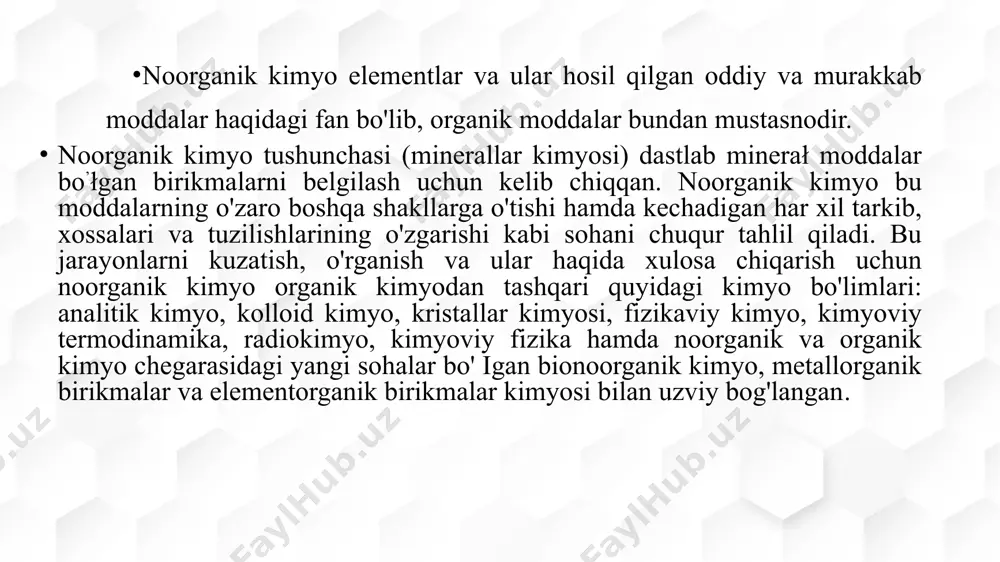 asida alkimyo davri boshlandiki, bu davr iii-xvi asrlarni o'z ichiga oldi. alkimyogarlarning urinishlari natijasida noorganik kimyo namoyandalari filtrlash, kristallash, bug'latish, haydash, quruq haydash usullariga ega bo'ldilar. alkimyogarlar moddalarni ajratish va tozalash usullaridan foydalanib, mishyak, qalay, fosfor kabi oddiy moddalarni oldilar; xlorid, sulfat va nitrat kislotalari, ularning tuzlari va boshqa noorganik moddalarning olinish usullari yaratildi. xvi asrdan boshlab noorganik kimyo fani bilan bevosita bog'liq bo'lgan metallurgiya, keramika, shisha tayyorlash va boshqa ishlab chiqarish sohalari keskin yuksalishi v. biringuchcho (1540-yil) va g. agrikolaning (1556-yil) asarlari va amaliy ishchi qo'llanmalarida o’z aksini topdi. xvii asrning oxirlarida i. bexer g'oyalarini ilgari surgan nemis olimi g. shtal jismlar yonganda ular yonuvchanlik xossasini belgilaydigan —flogistonni yo’qotadi deb o'rgatdi. bu gipoteza xviii asrning oxirigacha davom etdi va ungacha kimyoda to'g'ri talqin qilingan ayrim natijalarni teskari qilib ko'rsatishga ham erishdi. noorganik kimyoning fan sifatida shakllanishi keyingi davrda m.v. lomonosov va a.l. lavuazye ishlari bilan belgilanadi. 1772-yilda k. sheyelye …