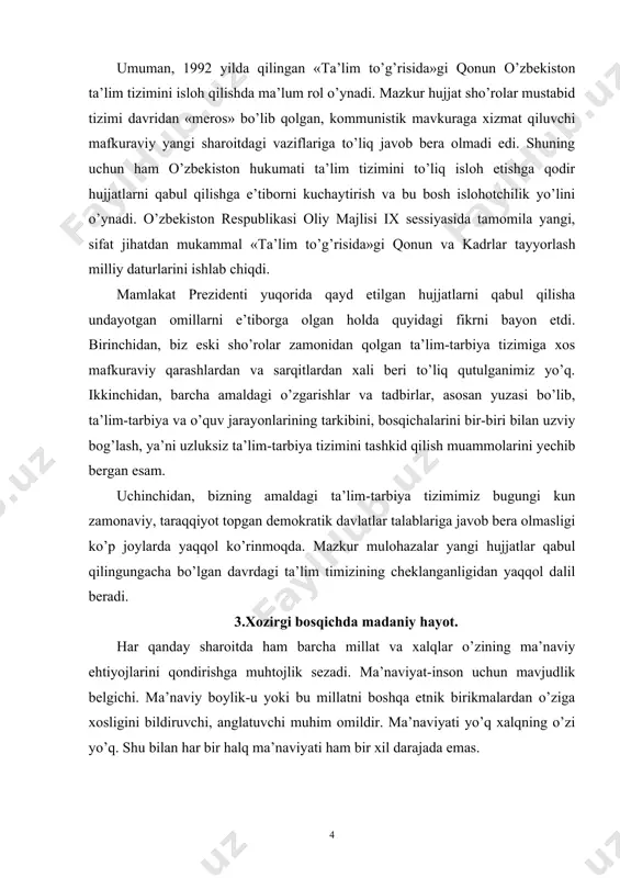 ta’lim timizining cheklanganligidan yaqqol dalil beradi. 3.хozirgi bosqichda madaniy hayot. har qanday sharoitda ham barcha millat va xalqlar o’zining ma’naviy ehtiyojlarini qondirishga muhtojlik sezadi. ma’naviyat-inson uchun mavjudlik belgichi. ma’naviy boylik-u yoki bu millatni boshqa etnik birikmalardan o’ziga xosligini bildiruvchi, anglatuvchi muhim omildir. ma’naviyati yo’q xalqning o’zi yo’q. shu bilan har bir halq ma’naviyati ham bir xil darajada emas. o’zbek xalqi aynan shu yo’ldan bordi, o’z milliy-tarixiy, madaniy merosiga sodiqligini ko’rsata bildi. bu esa mustamlakachilik davrida yo’qotilgan, tptalangan madaniy merosni tiklash, o’zligini anglashga bo’lgan rag’batni o’yg’otdi. istiqlol yillarida o’zbek madaniy hayoti o’yg’ondi, jonlandi va o’zining bugun mavjud bo’y-bastini ko’rsata bildi. тeatr, musiqa san’ati rivoj topdi, madaniy aloqalar kengaydi, madaniy-ma’rifiy muassasalar faoliyati takomillashdi, muzeylarning ijtimoiy-ma’rifiy ahamiyati oshdi, milliy adabiyot ravnaq topdi. ayniqsa, teatr san’atining rivoji gullab yashnadi. bu bejiz emasdi, zero mustamlakachilik davrida teatrlar kommunistik mafkuraning xizmatkoriga aylangan, siyosiy maqsadlarnigina bajaruvchi kuchga aylangan edi. shu asnoda asosiy e’tibor repertuar masalasini hal etish, …