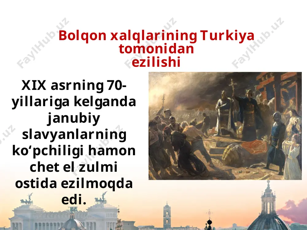 ing turkiyadan mustaqil ekanligini tasdiqladi. albaniyaning mustaqillikka erishishi birinchi bolqon urushida turkiyaning yengilishi natijasida, 1912-yil 28-noyabrda albaniya mustaqillikka erishdi. savol va topshiriqlar 1. avvalgi sinflarda olgan bilimlaringizga tayanib, bolqonning qay tariqa turkiya mustamlakasiga aylanganligi to‘g‘risida so‘zlab bering. 2. xix asr so‘nggi choragida bolqondagi siyosiy ahvol qanday edi? 3. 1877—1878-yillardagi rossiya—òurkiya urushi bolqon xalqlari taqdirida qanday rol o‘ynadi? 4. besh asrga yaqin turkiya asoratida qolib kelgan slavyan xalqlari nega aynan xix asr oxiri va xx asr boshlarida ozodlikka erishdilar? image2.jpg image3.png image4.jpeg image5.jpeg image6.jpeg image7.jpeg image8.png image9.jpeg image10.jpeg image11.jpeg image12.jpeg image13.jpeg image14.jpeg image15.jpeg image1.jpeg /docprops/thumbnail.jpeg