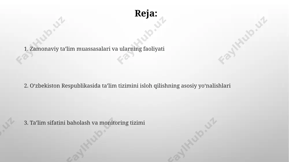 inglarda yuqori oʻrinlarni egalladi, bu esa taʼlim sifatining yaxshilanishini koʻrsatadi va jahon standartlariga moslashish jarayonini aks ettiradi. oʻzbekiston respublikasida taʼlim tizimini isloh qilishning asosiy yoʻnalishlari qoraqalpogʻiston respublikasida qishloq joylardagi 150 ga yaqin maktabda ingliz tili o'qitish uchun malakali o'qituvchilar soni 2 baravar ko'paytirildi. andijon viloyatida kasb-hunar kollejlari soni 2017 yildan beri 30% ga oshdi, bu kasb-hunar ta'limi sohasidagi islohotlarning samaradorligini ko'rsatadi. kasb-hunar taʼlimi va malaka oshirish surxondaryo viloyatida 1000 dan ortiq yoshlar "hunarmand" milliy dasturi doirasida yangi kasblarni o'zlashtirib, bandlikni ta'minlashga erishdi. andijon viloyatida 2023-yilga kelib, kasb-hunar ta'limi sohasida ishsizlik darajasi 15% ga kamaydi, bu malaka oshirish dasturlarining samaradorligini ko'rsatadi. maktabgacha taʼlimning rivojlanishi davlat tomonidan moliyalashtiriladigan maktabgacha taʼlim muassasalarida tarbiyachilarning oʻrtacha oylik maoshi toshkent shahrida 2023-yil holatiga koʻra 3 million soʻmni tashkil etdi, bu esa kadrlarni jalb qilish va saqlab qolishga yordam beradi. respublika miqyosida maktabgacha taʼlim sifatini oshirish maqsadida 2023-yilda 10 mingdan ziyod tarbiyachi malaka oshirish kurslarida qatnashdi, natijada …