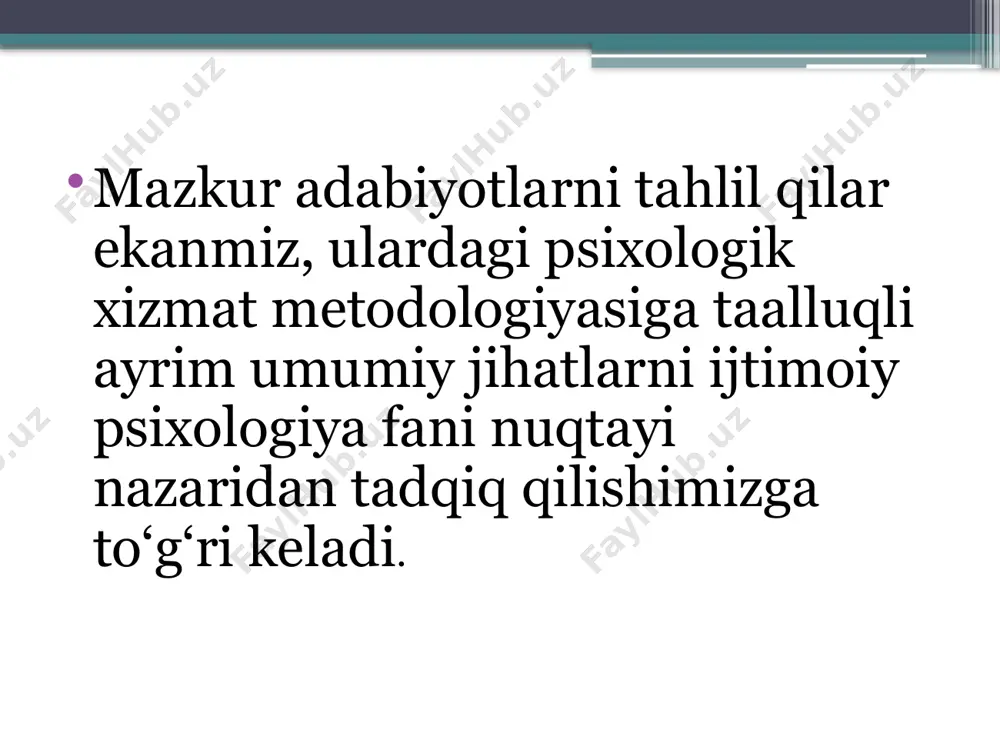 asosiy vazifani hal qilishdan iboratdir. tashviqot ishlari – psixologik bilimlarni, psixologik umumta’lim tashviq qilib, o’quvchilarning psixologik bilimlarini oshirish, ota-onalar uchun seminarlar, ma’ruzalar va suhbatlar uyushtirish, anjumanlar o’tkazishdan iborat. psixologik xizmat metodologiyasi uchun individual psixologik farqlanish nazariyasining yaratilishini va bu borada o ‘nlab yirik tadqiqotlaming mavjudligini muhim manbalardan biri sifatida hech mubolag‘asiz e’tirof etish mumkin. differensial psixologiyaning mahsuli bo'lgan bu yo‘nalish, dastaw al, nemis psixologi v.shtern nomi bilan bevosita bogiiqdir. u o ‘zining 1901-yilda yozgan “individual farqlanish psixologiyasi haqida'1 nomli asarida har bir individning o ‘ziga xos psixologik olami mavjudligini eksperimental tarzda tadqiq qiladi. /docprops/thumbnail.jpeg