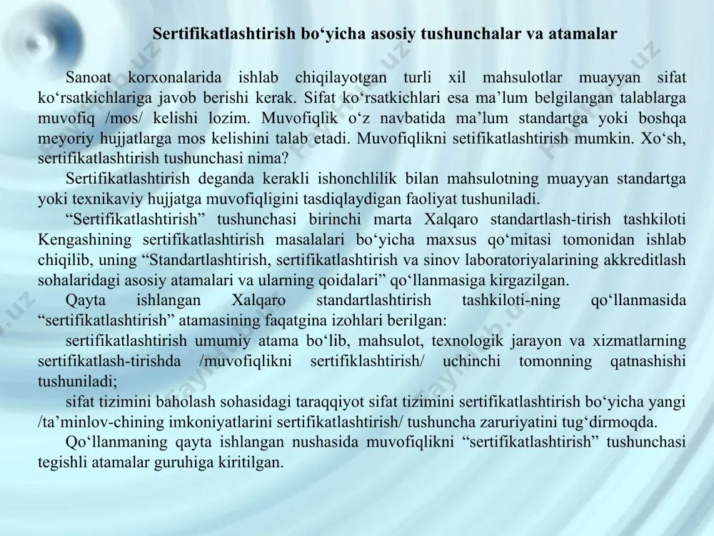 , ularning raqobatbardoshligini oshirish uchun muntazam ravishda sinovlardan o‘tkazish ehtiyoji ortib bormoqda. sinovlarni ko‘pincha uchinchi tomon deb ataluvchi shaxs yoki tashkilot amalga oshiradi va ko‘riladigan masalada qatnashayotgan tomonlar odatda ta’minlovchi /birinchi tomon/ va xaridor /ikkinchi tomon/ ning manfaatlarini himoya qilib, mutlaqo mustaqil ravishda ish ko‘radilar. uchinchi tomon tarafidan qilinadigan sertifikatlash-tirish ishlab chiqaruvchilarning ishonchiga sazovor bo‘lmoqda va shu sababli bunday yo‘l keng qo‘llanilib, salmoqli ravishda tarqalmoqda. turli mamlakatlarda uchinchi tomon tarafidan bajarilayotgan sertifikatlash-tirish tizimini tashkil etish amalda shuni ko‘rsatmoqdaki, uni turlicha tashkil qilish mumkin ekan: ishlab chiqaruvchi assotsiyatsiyalar, yirik iste’molchilar, standartlashtirish milliy tashkilotlari tomonidan, masalan, fransiya va angliyada 60-yillar boshida ite’molchilar tomonidan harbiy maqsadlar uchun elektronika mahsulotlarini sertifikatlash-tirish tizimi yaratildi. ayrim olingan mamlakat miqyosida yaratilgan milliy tizimlar majburiy bo‘lgan standartlar doirasini qamrab oladi. masalan, birinchilar qatorida milliy miqyosda qimmatbaho toshlarni sertifikatlashtirish tizimlari qo‘llanilgan. o‘zbekiston respublikasi hududiga olib kirilayotgan va hududidan olib chiqilayotgan maxsulotlarini sertifikatlashtirish mamlakatimizda mahsulot va xizmatlarni sertifikatlash-tirish o‘zbekiston respublikasining …