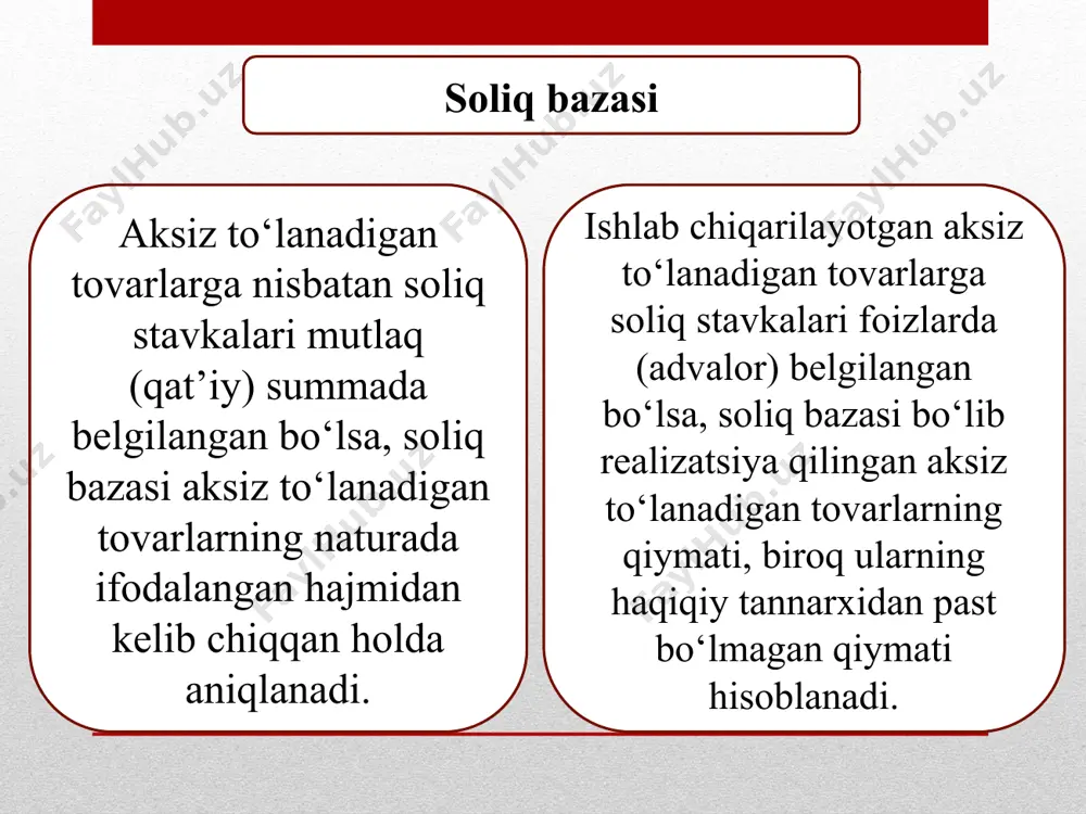 z oq shakar 20% 6. tarkibida shakar yoki boshqa shirinlashtiruvchi yoki xushbo‘ylashtiruvchi moddalar mavjud bo‘lgan va iste’mol qadog‘iga qadoqlangan ichimliklar* (bundan energetik va tetiklashtiruvchi ichimliklar mustasno): gazlangan 1 litr uchun 500 so‘m gazlanmagan - 1 litr uchun 500 so‘m energetik va tetiklashtiruvchi ichimliklar 1 litr uchun 2 000 so‘m * mevalar va (yoki) sabzavotlardan tayyorlangan, tabiiy shirin bo‘lgan hamda tarkibida qo‘shimcha shakar va boshqa shirinlashtiruvchi yoki xushbo‘ylashtiruvchi moddalar mavjud bo‘lmagan sharbatlarga nisbatan soliq qo‘llanilmaydi. soliqni hisoblab chiqarish soliq solinadigan bazadan va soliqning belgilangan stavkalaridan kelib chiqqan holda amalga oshiriladi. bir oy soliq davridir. soliq hisoboti, soliq bo‘yicha hisobda turilgan joydagi soliq organlariga har oyda, soliq davridan keyingi oyning o‘ninchi kunidan kechiktirmay taqdim etiladi. benzin, dizel yoqilg‘isi va gaz avtomobillarga yoqilg‘i quyish shoxobchalari orqali realizatsiya qilingan taqdirda, soliq hisoboti avtomobillarga yoqilg‘i quyish shoxobchalari joylashgan yerdagi soliq organlariga har oyda, soliq davridan keyingi oyning o‘ninchi kunidan kechiktirmay taqdim etiladi. soliqni to‘lash soliq …