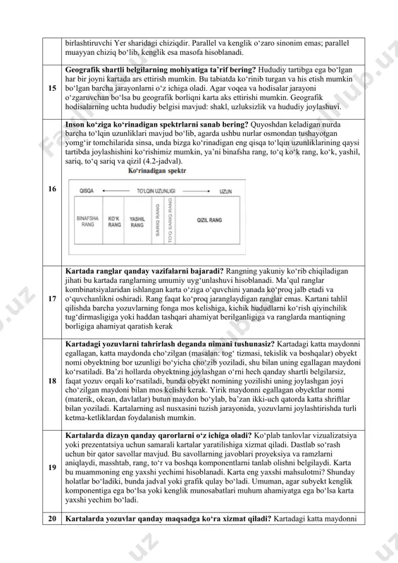 kartani chop etishdan oldin ranglarni aniq ko‘rish imkonni beradi. shu sababdan kartani loyihalashda cmyk palitrasidan foydalangan bo‘lsada ekrandagi rangni aniq tasdiqlash maqsadida oldindan qog‘ozga sinov tariqasida chop etib ko‘rish kerak. kartalarda ma’lumotlar proyektor orqali kuzatilishi va powerpoint prognozi uchun bo‘lsa ham iloji boricha ranglar bir xilligiga e’tibor berish kerak bo‘ladi. afsuski kartograf ishlatiladigan proyektor turini nazorat qila olmaydi, ammo ba’zi sxemalar boshqalardan ko‘ra yaxshiroq ishlaydi. colorbrewer proyektorlar uchun mos bo‘lgan rang sxemalarini taklif etadi. 8 dizayn omillari nima? kartalarning kompozitsion tartibi, jihozlashning o‘ziga xosligi, uning uslubi va badiiy mukammalligi, dizayner-kartografning maqsadni to‘g‘ri qo‘ya olishi, abstrakt va ko‘rgazmalilik o‘rtasidagi munosabatning samaradorligini oshirish, estetika va uyg‘unlikni ta’minlash kabilarga bog‘liq bo‘ladi. yuqorida ko‘rsatilganidek tasvirlash vositalarining rivojlanish darajasi, texnik va badiiy grafikalar imkoniyati hamda nashr qiluvchi poligrafiya texnologiyalariga bog‘liq holda muhim rol o‘ynaydi. kartografik asarlarning dizayniga ta’sir qiluvchi asosiy omillar quyidagilar: • kartografik asarlarning ko‘rinishi (alohida kartalar, kartalar seriyasi, atlas); • foydalanish mazmuni va …