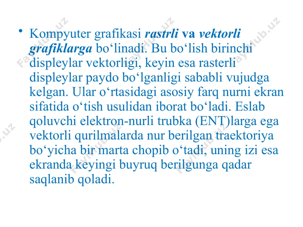 i deyiladi. corel draw dasturi bir necha xujjatlarni bir vaqtda ochish imkoniyatiga ega, u xolda shu paytda kerak bo’lmagan xujjatlarni yopish ko’zda tutilgan. fayl (file) menyusidagi (zakrit) komandasi bajarilganda aktiv xujjat yopiladi. dastur yuklangandan so’ng ekranda paydo bo’lgan dastur oynasi foydalanuvchining interfeysi deyiladi grafika panelidagi barcha instrumentlar va ularga qo`shimcha bo`lgan instrumentlarning asosiy bajaradigan vazifalari to`g`risida ma'lumotlar keltirilgan: corel draw» muloqot oynasi bir nechta variantlarni taqdim qiladi yangi xujjat yaratish (graphic), oxirgi yaratilgan xujjatni ochish (orep last edited), mavjud xujjatni ochish (orep graphic), o’qitish tizimi (corel turor). ekranning tepa qismida bosh menyu bo’limlari quyidagicha nomlanadi: • fayl (file) • muxarrir (redaktirovanie, edit) • ko’rinish (prosmotr, view) • kampanovka (layout) • boshqaruv (upravleniya, arrange) • effektlar(effects) • nuqtaviy tasvir (toch.izob, vitmaps) • matn (text) • servis (tools) • oyna (okno,windows) • yordam (pomoщ, ne1r) komandalarning xar biri funksiyanal jixatdan yakun bo`lgan amallarni bajaradi, masalan matn menyusi matn bilan ishlaydigan kommandalardan iborat, …