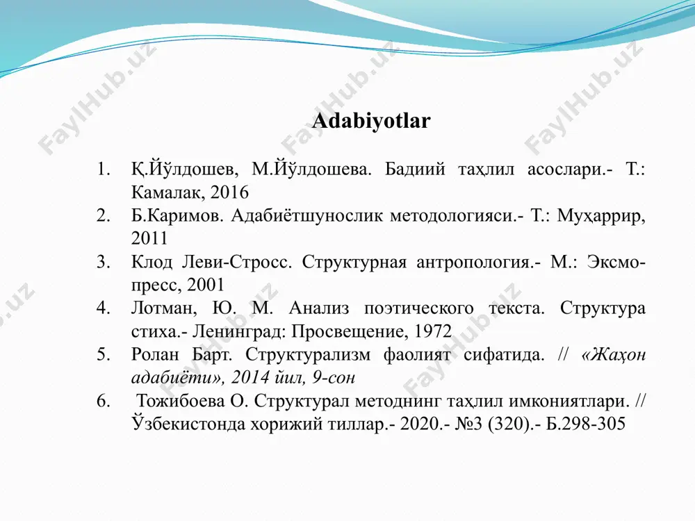 ko‘rinishlari (modifikasiyalari) bo‘lgan variantlardan uzib (abstraklashtirib) olinadi. struktural metod tayanadigan asosiy metodologik prinsiplar deb quyidagilar ko‘rsatiladi: 1) tizim doirasida munosabatlarning elementlardan ustuvorligi; 2) sinxroniya diaxroniyadan ustivorligi. munosabatlarni elementlardan ustuvor bilish aslo tizim unsurlariga, ularning tabiiy xossalariga past nazar bilan qarashni anglatmaydi (goho xatoan strukturalizmni shunda ayblashadi), yo‘q, bu tizim xossalari uni tashkil qiluvchi unsurlar xossalarining oddiygina yig‘indisi emasligining e’tirofidir. sinxroniyaning diaxroniyadan ustivorligi esa struktur va tarixiy yondashuvlarni qarshi qo‘yish emas, balki tizimlarni o‘rganishda variantlardan invariantga emas, invariantdan variantga tomon borish talabidir. struktur tahlilda amallar ketma-ketligi - algoritmi mavjud. yu.b.borev buni struktur tahlil bosqichlari deb atab, quyidagicha tasniflaydi: 1. aksiomatizasiya – muayyan parametr bo‘yicha sistemaning elementlarga ortiq bo‘lib bo‘lmasligiga isbot talab qilmaydigan asos topish. 2. dissosiasiya aksiomatizasiya natijasida belgilangan asosga tayangan holda ob’yektni struktur elementlarga bo‘lish. 3. assotsiasiya – elementlar orasidagi alloqalarni topish. 4. identifikasiya – elementlarning muhim belgilariga ko‘ra ular orasidagi aloqa-munosabat tipini aniqlash. 5. integrasiya – strukturani tashkil qilayotgan …