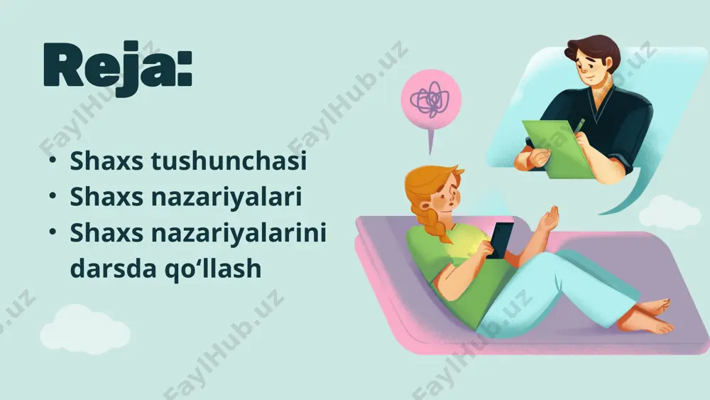 o‘zini anglashga yordam berish tarbiya jarayonida shaxs nazariyalarini qo‘llash misollari maslou nazariyasiga asoslanib: o‘quvchilar orasida ijtimoiy muhit yaratish, ularni darsdan tashqari tadbirlarga jalb qilish orqali o‘zini anglash darajasini oshirish mumkin. rojers yondashuviga ko‘ra: o‘quvchiga hurmat bilan yondashish, ularni tinglash, mustaqil fikrlashga undash tarbiyada muhim vosita bo‘ladi. bihevioristik yondashuv asosida: maktabda odobli xatti-harakatlarni rag‘batlantirish, o‘quvchilarga “hafta namunali o‘quvchisi” kabi motivatsion unvonlar berish foydali. freyd yondashuviga ko‘ra: dars jarayonida ruhiy bosimga duch kelayotgan o‘quvchilar bilan individual suhbat o‘tkazish, ota-onasi bilan muloqot qilish foyda beradi. xulosa shaxs nazariyalari orqali o‘qituvchi har bir o‘quvchini individual yondashuv bilan tarbiyalaydi. bu esa ta’lim sifatini oshirishda muhim omil bo‘ladi. iqtibos: “o‘qituvchi pedagogik faoliyatida psixologik bilimlarga ega bo‘lsa, tarbiya samarali kechadi” (m. karimov, pedagogik psixologiya asoslari, 2012). e’tiboringiz uchun rahmat! image1.png image2.png image3.svg image4.png image5.png image6.png image7.png image8.svg image9.png image10.png image11.svg image12.png image13.png image14.png image15.svg image16.png image17.png /docprops/thumbnail.jpeg