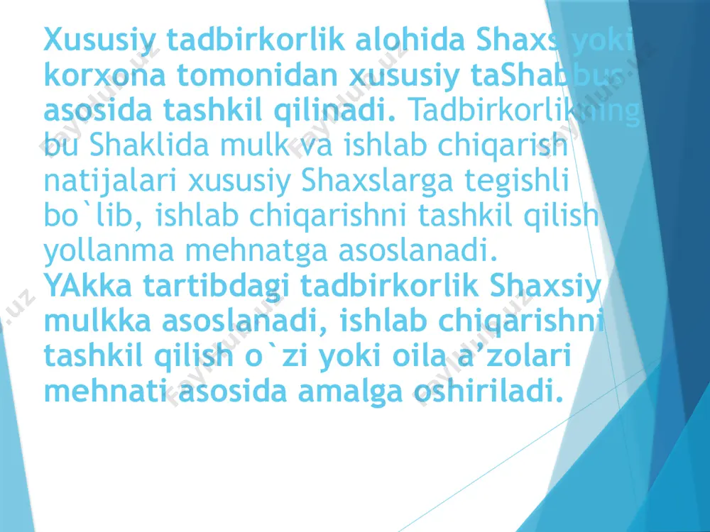 or aktsiyani undan olinadigan daromadi bankka qo`yilgan puldan keladigan foizdan kam bo`lmagan taqdirdagina sotib oladi. xususiy tadbirkorlik – bu fuqarolar (alohida fuqarolar) tomonidan o`zlarining tavakkalchiliklari va mulkiy javobgarliklari ostida, shaxsiy daromad (foyda) olish maqsadida amaldagi qonunchilik doirasida amalga oshiriladigan tashabbuskor xo`jalik faoliyatidir. kichik korxonalar – mustaqil xo`jalik faoliyatini olib boruvchi, o`z balansiga ega bo`lgan, soliqlar va boshqa to`lovlarni to`lagandan so`ng qolgan foydasini o`zi taqsimlaydigan korxona. mikrofirma – kichik biznes korxonasining bir turi. mamlakatimizda sanoat ishlab chiqarishning tarmoqlarida 20 kishigacha, xizmat ko`rsatish sohasida 10 kishigacha, savdo va umumiy ovqatlanish sohasida 5 kishigacha ishlovchi korxonalar mikrofirma hisoblanadi. ko`rsatkichlar 2008 yil 2009 yil sanoat 13,9 16,9 qishloq xo`jaligi 97,8 97,9 qurilish 48,3 41,6 savdo 48,1 46,5 asosiy kapitalga investitsiya 23,1 23,7 pullik xizmat 48,5 48,7 eksport 12,4 14,6 import 35,7 42,5 mamlakatimizda kichik biznes va xususiy tadbirkorlikning bu qadar jadal rivojlanishida eng avvalo mazkur soha uchun belgilanayotgan soliq imtiyozlari etarli darajadagi rag`batlantiruvchi rol …