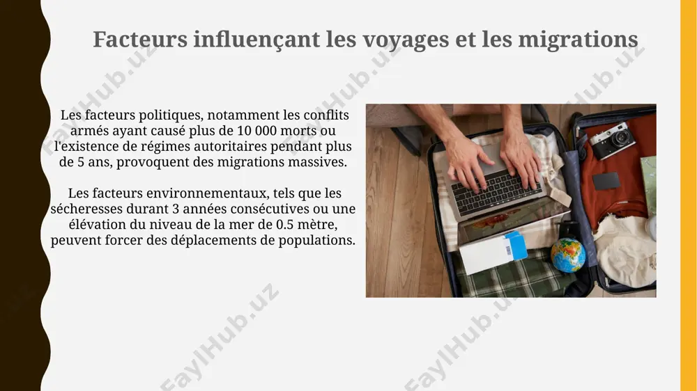 0% des voyageurs cherchant des expériences durables impactant positivement les communautés locales et l'environnement. définitions des voyages et des migrations définitions des voyages et des migrations un voyage implique un déplacement volontaire, souvent temporaire, vers un lieu spécifique, généralement pour des raisons de loisirs ou d'affaires. sa durée peut varier entre quelques heures et plusieurs mois, voire une année. merci pour votre attention @taqdimot_robot image1.jpg image2.jpg image3.jpg image4.jpg image5.jpg image6.jpg image7.jpg image8.jpg image9.jpg image10.jpg