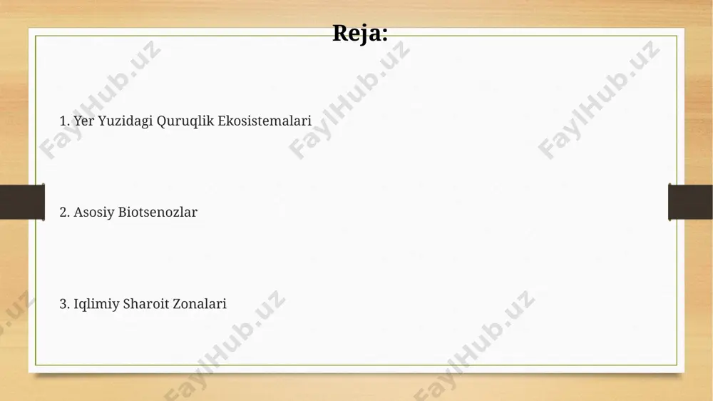 ko'rsatkich yomg'ir miqdori va tuproq unumdorligiga bog'liq. afrikaning savanna va o'tloqlarida 30 dan ortiq yirik sut emizuvchilar turi, jumladan, sherlar, fillar, gepardlar va zebra kabi turlar yashaydi, ularning populyatsiyasi biotik va abiotik omillar ta'sirida o'zgarib turadi. shimoliy muzlik ekosistemalari arktika ekosistemalarida faqat 200 ga yaqin oʻsimlik turi uchraydi, ularning koʻpchiligi moxlar, likenlar va past boʻyli oʻtsimon oʻsimliklardan iborat. shimoliy muzlik mintaqalarining biotsenislarida qutb ayiqlar, morjlar, tundra qurbaqalari kabi sovuqqa chidamli faunalar mavjud bo'lib, ularning soni iqlim o'zgarishlariga juda sezgir. shimoliy muzlik ekosistemalarida oʻrtacha yillik harorat -20°c dan past boʻlib, yillik yogʻin miqdori 250 mm dan kamni tashkil etadi, bu esa oʻsimliklarning oʻsishini cheklaydi. antropogen ta'sir va ekologik muammolar antropogen ta’sir natijasida 100 dan ortiq o‘simlik va hayvon turlari yo‘qolib ketish arafasida turibdi, bu esa biosferaning barqarorligiga jiddiy tahdid soladi. o‘rmonlarning kesilishi tufayli karbonat angidrid gazining atmosfera konsentratsiyasi 25% ga oshdi, bu esa issiqxona effekti va iqlim o‘zgarishiga olib keladi. global …