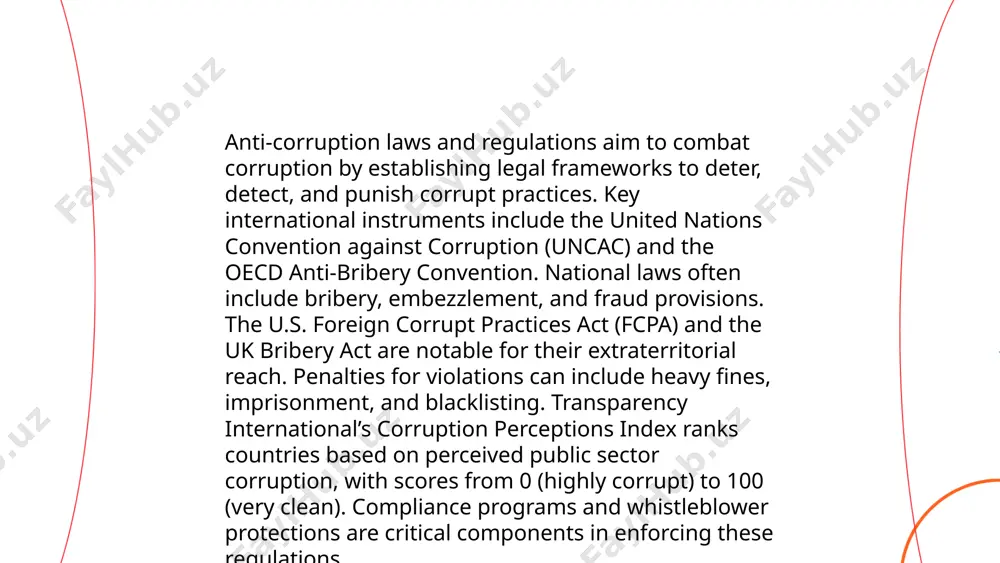 orruption conference highlighted global efforts, with participants from over 130 countries, focusing on transparency and accountability. the united nations convention against corruption (uncac), ratified by 187 nations, serves as a key legal framework. the organization for economic cooperation and development (oecd) anti-bribery convention has 44 signatories committed to criminalizing foreign bribery. the global corruption barometer surveys over 100,000 people worldwide, revealing public perceptions. the financial action task force (fatf) monitors anti-money laundering efforts in 39 member countries. transparency international's corruption perceptions index ranks 180 countries, exposing corruption levels. initiatives emphasize cross-border cooperation, asset recovery, and preventive measures to combat global corruption effectively. ... t.me/slaydai_bot corruption in law enforcement agencies undermines justice and public trust. according to transparency international, approximately 62% of people globally believe police are corrupt or extremely corrupt. in the united states, a study revealed nearly 2,400 cases of proven police misconduct from 2005 to 2015. furthermore, the …