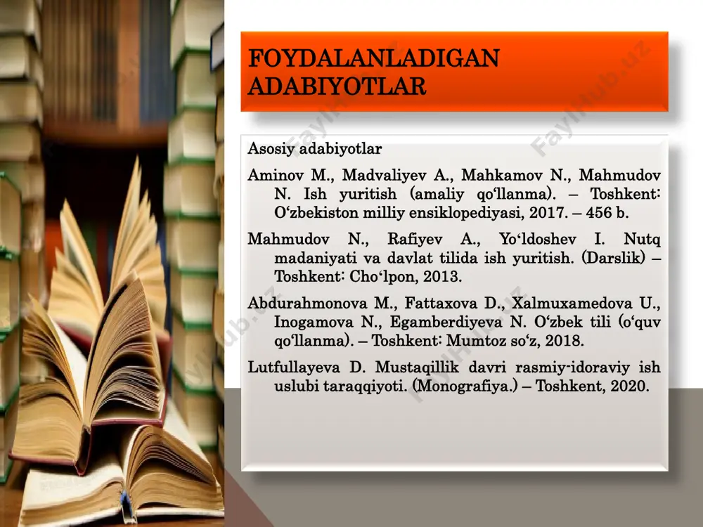 i, aniqligi, mantiyligi, sofligi. 5 tayanch tushunchalar tayanch sо‗zlar: kasbiy nutq, nutqning ilmiyligi, tо‗g‗riligi, aniqligi, mantiqiyligi, sofligi, nutqiy kompetentlik. 6 kasbiy nutq dunyoda turli-tuman kasblar, biri-biridan turfa hunarlar bor. ularning har birida о‗ziga xos ish qurollaridan foydalaniladi. masalan, dehqonning asosiy quroli ketmon, duradgorniki - tesha (arra, randa va boshqalar), jarrohniki - tig‗, tikuvchiniki — igna va hokazo. 7 mutaxassis nutqining kommunikativ sifatlari: tо‗g‗riligi, • aniqligi, ilmiyligi, • mantiqiyligi, sofligi • jo`yaliligi 8 nutqning to‗g‗riligi uning adabiy tili me‘yorlariga muvofiq kelishidir. bunda quyidagi me‘yorlar hisobga olinadi: talaffuz me‘yorlari: morfologik me‘yorlar: sintaktik me‘yorlar: 9 1 2 3 nutqning to‗g‗riligi uning adabiy tili me‘yorlariga muvofiq kelishidir. bunda quyidagi me‘yorlar hisobga olinadi: ega-kesimning mosligi, ikkinchi darajali bo‗laklarning ularga bog‗lanish qonuniyatlari. imloviy me‘yorlar lug‗aviy me‘yorlar: 10 4 5 6 2. nutqning aniqligi • nutqning aniqligi – bu so‘zning o‘zi ifodalayotgan voqelikka mutlaqo mos va muvofiq kelishidir. 1 •aniqlik nutqning muhim fazilatlaridan biri sifatida qadimdan ma`lum. …
