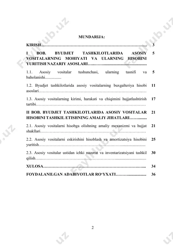 bini yuritish alohida ahamiyatga ega. asosiy vositalar – bu tashkilotning uzoq muddatli foydalanish uchun mo‘ljallangan, daromad yoki xizmat ko‘rsatish jarayonida ishtirok etadigan, qiymati tiklanish orqali amortizatsiyalanuvchi moddiy resurslaridir. byudjet tashkilotlarida ushbu vositalarning to‘g‘ri va aniq hisobini yuritish – davlat mulkidan oqilona foydalanish, resurslarni tejash, ortiqcha xarajatlarning oldini olish hamda moliyaviy intizomni mustahkamlashning asosiy shartlaridandir. kurs ishining dolzarbligi - bozor munosabatlariga asoslangan iqtisodiyotni shakllantirish va rivojlantirish jarayonida davlat moliyaviy resurslarini samarali boshqarish muhim strategik vazifa bo‘lib qolmoqda. ayniqsa, byudjet tashkilotlari faoliyati davlat manfaatlariga xizmat qilgani bois, ularning moliyaviy resurslari, ayniqsa asosiy vositalari ustidan yuritiladigan hisob va nazorat tizimi yuksak darajada aniqlik va shaffoflikni taqozo etadi. asosiy vositalar — bu tashkilotga uzoq muddatli foydalanish uchun berilgan, xizmat muddati davomida qiymatini eskirish yo‘li bilan ko‘chirish orqali xizmat qiladigan moddiy aktivlardir. ular byudjet tashkilotlarining ishlab chiqarish, xizmat ko‘rsatish, ta'lim, sog‘liqni saqlash kabi sohalardagi faoliyatida asosiy o‘ringa ega bo‘lib, ushbu vositalarning to‘g‘ri hisobga olinishi davlat …
