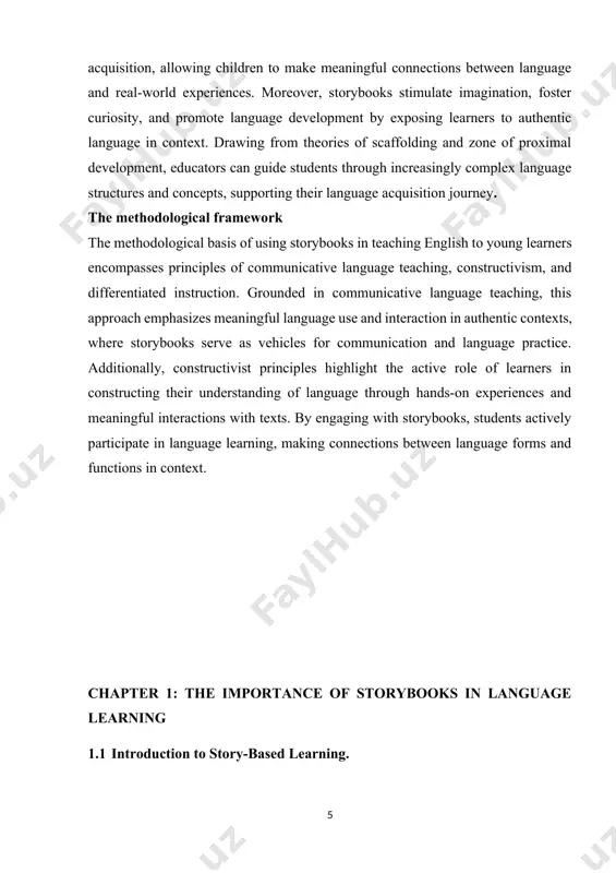 pporting their language acquisition journey. the methodological framework the methodological basis of using storybooks in teaching english to young learners encompasses principles of communicative language teaching, constructivism, and differentiated instruction. grounded in communicative language teaching, this approach emphasizes meaningful language use and interaction in authentic contexts, where storybooks serve as vehicles for communication and language practice. additionally, constructivist principles highlight the active role of learners in constructing their understanding of language through hands-on experiences and meaningful interactions with texts. by engaging with storybooks, students actively participate in language learning, making connections between language forms and functions in context. chapter 1: the importance of storybooks in language learning 1.1 introduction to story-based learning. 1.2 top of form story-based learning is an innovative educational approach that leverages the power of storytelling to facilitate deeper understanding, engagement, and retention of educational content. at its core, story-based learning recognizes the inherent human affinity for …
