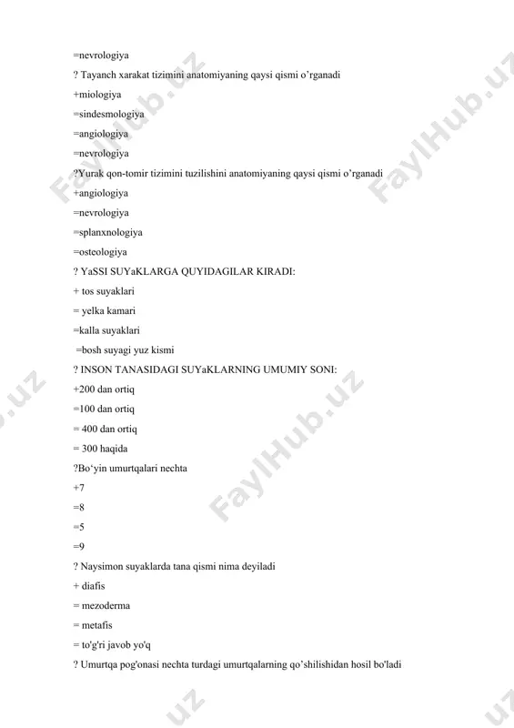 ? til osti bezi naysimon tuzilgan bo'lib og'irligi nechi gramgacha bo'ladi + 5 gramgacha = 3 gramgacha =7 gramgacha = to'g'ri javob yo'q ?til osti bezi necha gramdan iborat. +5 gr =150 gr =6 gr =4 gr ?til ustki yuzasida so'rg'ichlar necha qisimdan iborat. +4 =5 =3 =6 ?qovurg'alar necha juft va necha guruhga bolinadi. +12:3 =11:2 =12:2 =14:4 ?jag' osti bezi necha gramdan iborat. +150 gr =5 gr =145 gr =155 gr ? anatomiya so‘zi qaysi tildan olingan? + grekcha = lotincha = ruscha = yunoncha ? umurtqa pog‘onasi nechta sohada egrilik hosil qiladi? + 5ta = 4ta = 6ta = 8ta ? orqa miyaning kengaygan sohalarda umurtqa kanali qanday bo‘ladi? + kengroq = torroq = juda keng = juda tor ? yelka suyagi qanday suyaklar sinfiga kiradi? + uzun naysimon = kalta naysimon = g‘alvirsimon = yassi ? bilak suyaklari nechta naysimon suyaklardan tashkil topgan? + 2ta = …