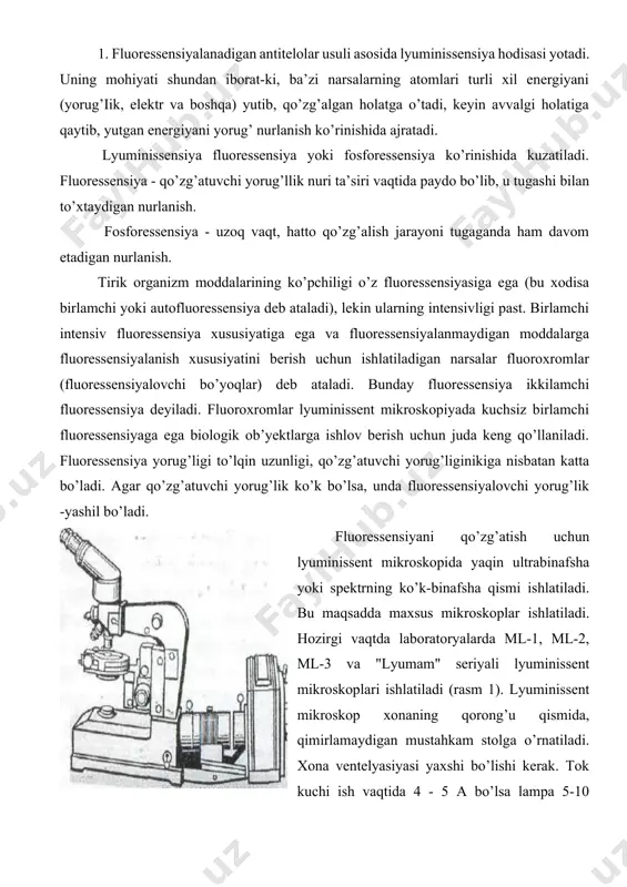 telyasiyasi yaxshi bo’lishi kerak. tok kuchi ish vaqtida 4 - 5 a bo’lsa lampa 5-10 daqiqadan keyin to’liq yorug’lik kuchiga ega bo’ladi. lyuministent mikroskopiyada yuqori sifatli fluoressensiyalanmaydigan immersiya yog’idan foydalaniladi. virusofogiya amaliyotida lyuminissentli mikroskopiya ikki asosiy usulda ishlatiladi: fluoroxromlash va fluoressensiyalanadigan antitelolar usuli. fluoroxromlash - bu preparatda yorug’likning kuchi va kontrastligini orttirish maqsadida uni fluoroxrom bilan ishlov berish. hozirgi vaqtda maxsus fluoroxromlar to’plami ishlab chiqarilgan. ularning akridin va tiozil guruhlari keng qo’llaniladi. fluoroxromlarning ko’pincha juda kam miqdordagi suvdagi eritmasi ( 1:1000 dan 1:1000 000) ishlatiladi. fluoroxromlash uchun preparatlarni ikki usulda tayyorlash mumkin: 1. yangi tamg’ali surtmaga (organ, shilimshiq qavat qirindilaridan tayyorlangan) yoki zararlangan hujayra suspenziyasiga 1 - 2 tomchi akridin oranjeviyning ishchi eritmasi (1:10 000) tomdirib, yopqich oyna bilan yopiladi. preparat tayyorlangandan keyin 10-20 daqiqa davomida lyuminissent mikroskopda ko’riladi. 1. patologik materialdan olingan tamg’ali surtmalar yoki zararlangan hujayra kulturalari (yopqich oynachada), 15 - 30 daqiqa davomida 96° li eti spirtida …