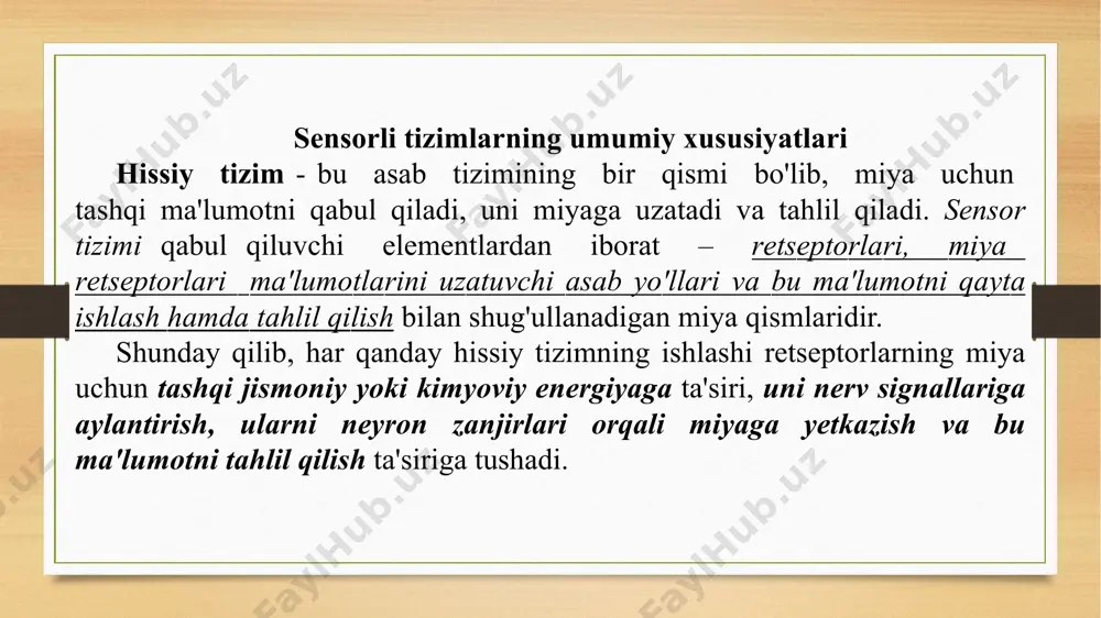 l etishning umumiy tamoyillari insonning barcha hissiy tizimlari quyidagi tamoyillarga muvofiq tashkil etilgan. gorizontal vertikal hissiy tizimlarni farqlash esa ravishda amaliga oshiriladi. ko'p qatlamli ko'p kanalli "sensorli kanallar"ning mavjudligi ko'p qatlamlik har bir tizimda bir nechta neyron qatlamlari mavjud bo'lib, ularning birinchisi retseptorlari bilan bog'liq, ikkinchisi esa miya yarim korteksining vosita joylari neyronlari bilan bog'liq. bu xususiyat turli xil sensorli ma'lumotlarni qayta ishlashda qatlamlarni ixtisoslashtirishga imkon beradi, bu esa past darajadagi tahlil qilingan oddiy signallarga tezda javob berishga imkon beradi. bundan tashqari, miyaning boshqa qismlaridan tushadigan ta'sirlar orqali neyron qatlamlarining xususiyatlarini tanlab tartibga solish uchun sharoitlar yaratilgan. sensorli tizimning ko'p kanalli xususiyati shundaki, har bir neyron qatlamida keyingi qatlamning ko'plab hujayralari bilan nerv tolalari bilan bog'langan nerv hujayralari (o'n minglab millionlab) mavjud. sensorli axborotni qayta ishlash va uzatishning ko'plab parallel kanallariga ega bo'lish sensorli tizimga signal tahlilining (sensorli signallarning yuqori "piksellar sonini") va katta ishonchlilikning yanada nozikligini ta'minlaydi. qo'shni neyron …