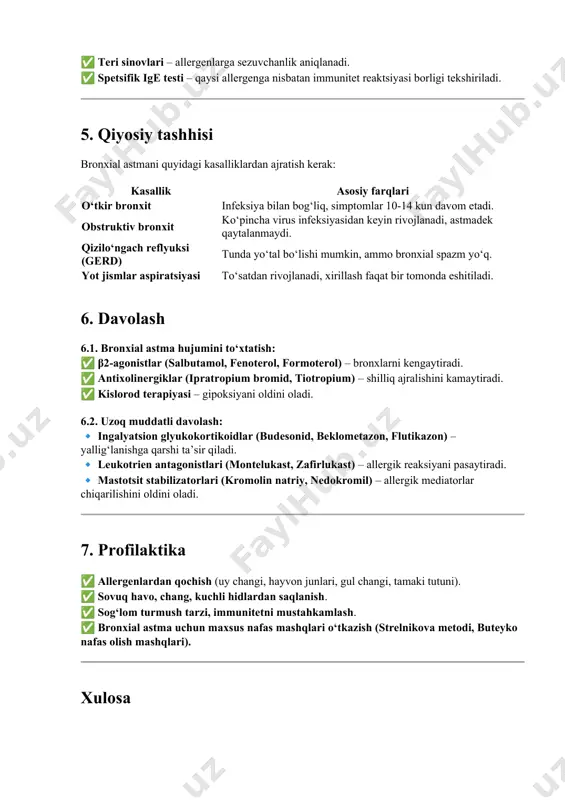 st, zafirlukast) – allergik reaksiyani pasaytiradi. 🔹 mastotsit stabilizatorlari (kromolin natriy, nedokromil) – allergik mediatorlar chiqarilishini oldini oladi. 7. profilaktika ✅ allergenlardan qochish (uy changi, hayvon junlari, gul changi, tamaki tutuni). ✅ sovuq havo, chang, kuchli hidlardan saqlanish. ✅ sog‘lom turmush tarzi, immunitetni mustahkamlash. ✅ bronxial astma uchun maxsus nafas mashqlari o‘tkazish (strelnikova metodi, buteyko nafas olish mashqlari). xulosa 🔹 bolalarda bronxial astma – bu allergik va irsiy omillarga bog‘liq bronxlarning surunkali yallig‘lanish kasalligi. 🔹 asosiy simptomlar: nafas qisishi, quruq yo‘tal, xirillash, kechasi yoki ertalab zo‘rayish. 🔹 diagnostika: spirometriya, allergik testlar, ige darajasi, balg‘am tahlili. 🔹 davolash: bronxodilatatorlar, steroidlar, allergiya qarshi dorilar.