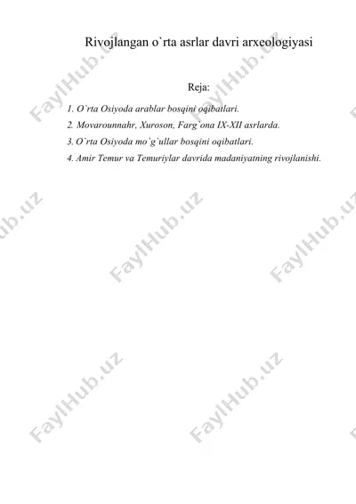 rivojlangan o'rta asrlar davri arxeologiyasi — DOC