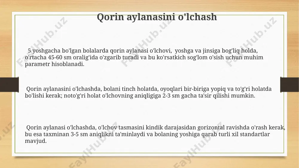 aholashda, tananing uzunligi va vazni o'rtasidagi nisbatni aks ettiruvchi quetelet indeksi (bmi) kabi antropometrik ko'rsatkichlarni hisoblash orqali bolaning semirish yoki ozg'inlik darajasini aniqlash mumkin. somatik rivojlanishni baholashda, 3 yoshgacha bo'lgan bolalarda tana uzunligini o'lchash uchun kraniokaudometr yordamida aniq natijalar olish muhim, chunki bu davrda o'sish sur'ati yuqori. bosh aylanasini o'lchash bosh aylanasini o'lchashda taxminan 0,5 sm gacha bo'lgan xatolikka yo'l qo'yiladi, bu esa o'lchash vositasining aniqligi va operatorning tajribasiga bog'liq. o'lchash jarayonida lenta boshning eng katta qismidan, ya'ni supertsiliar yoylar ustidan o'tkazilishi kerak, bu aniq natijalarga erishish uchun muhim omil hisoblanadi. bosh aylanasini o'lchashda 50-55 sm gacha bo'lgan lentani qo'llash tavsiya etiladi, chunki bu yosh bolalarning bosh hajmini aniq o'lchash uchun optimal uzunlik hisoblanadi. tana tarkibini baholash tana tarkibini baholashda, 5-18 yoshdagi bolalarda teri burmalarining qalinligini o'lchash orqali tanadagi yog' miqdorini aniqlash mumkin, bu esa bmi ko'rsatkichi bilan birgalikda ishlatiladi. antropometrik o'lchovlar, jumladan, balandlik, vazn va bel atrofi o'lchovlari, tana …