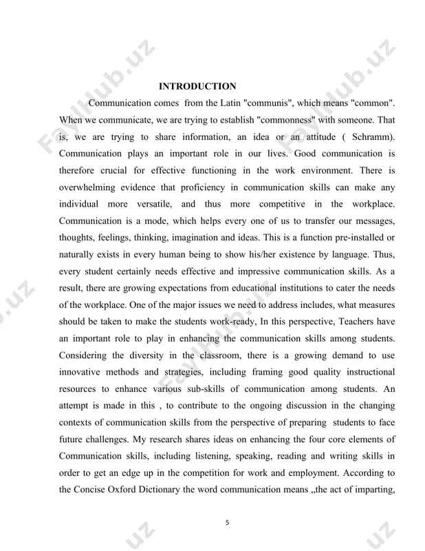 ritten skills. as a result, during classroom interactions, students need to be given enough opportunities to communicate, in order to be better prepared for the job market after their completion of the studies. the main reason for writing this course work for my bachelor work was realizing how important communicative skill is in every day situations. no matter where we are, either in the uzbek republic or in a foreign country, communicative skill (english conversation) plays a crucial role in understanding each other and dealing with different kinds of uncovered problems. it means that not only student that i will teach in the future, need english for communication abroad but also other country teachers and students need english to communicate with their colleagues � native speakers. at my unversity i have an opportunity to encounter with people from various parts of the world and i am very interested in the …