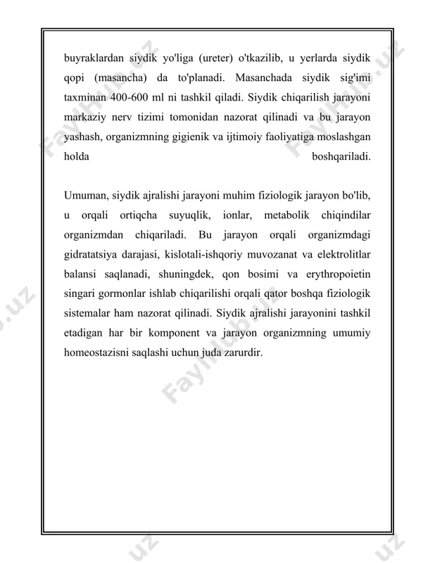 a 800 millilitrdan kam bo'lishi oliguriya, 3 litrdan ortiq bo'lishi esa poliuriya hisoblanadi. poliuriyaga sabab bo'lgan faktorlar orasida qandli diabet, surunkali buyrak kasalliklari va ko'p suyuqlik ichish bor. oliguriyaga esa ishlanmagan buyraklar aksayishi, quyi siydik yo'llarining tutilishi yoki kuchli suvsizlik sabab bo'lishi mumkin. siydik chiqarish jarayonida ishtirok etuvchi a'zolar - buyraklar, peshob pufagi, siydik yo'llari va siydik kanalidir. siydikni boshqarishning asosiy mexanizmi bu - buyraklar tomonidan amalga oshiriladigan filtratsiya jarayonidir. buyraklar kuniga taxminan 180 litr qon filtrelaydi, lekin faqat 1-2 litri siydik sifatida chiqariladi. qolgan qismi qayta so'rib olinib, organizmga qaytariladi. siydik densitometriyasi yordamida siydikning zichligi o'lchanadi, bu esa buyraklarning filtratsiya qobiliyatini baholash uchun muhimdir. siydik zichligining normativlari 1.005 dan 1.030 g/ml gacha bo'lishi mumkin. kundalik hayotda siydikni boshqarish odatda ovqatlanish rejimiga bog'liq. misol uchun, xun ratsioniga kiritilgan tuz miqdori siydik miqdoriga katta ta'sir qiladi. tuz suyuqlikni organizmda ushlab turishga moyil qiladi, bu esa siydik miqdorini kamaytirishi mumkin. siydikni boshqarishning …