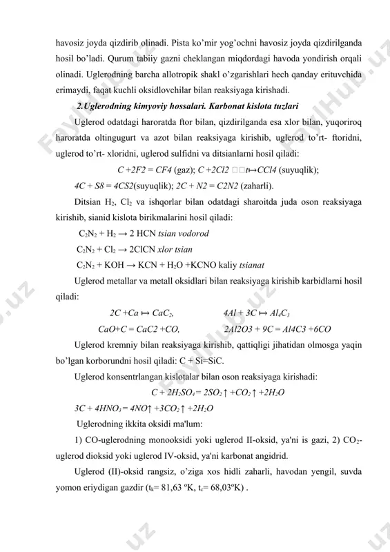 dga keladi. uchinchi bog’lanish esa kislorod atomining bo’linmagan elektron jufti bilan uglerod atomining erkin orbitali hisobiga donor-akseptor mexanizmi bo’yicha hosil bo’ladi. shuning uchun co da uglerodni valentligi 3ga, oksidlanish darajasi esa + 2 ga teng bo’ladi: :сo: uglerod (ii)- oksid quyidagi usullarda olinadi: 2c +o2 = 2co, co2 +c = 2co laboratroriya sharoitida: hcooh h2so4(конц)↦co+h2o havoda uglerod (ii)- oksid ko’kish alanga berib yonadi: 2co+o2 = 2co2, δh0 = -572kж yuqori bosim va haroratda uglerod (ii)- oksid oltingugurt, xrom, nikel, temir bilan, yorug’lik nurida esa xlor bilan reaksiyaga kirishadi: 4co +ni=ni(co)4 nikel karbonil 5co +fe = fe(co)5 temir karbonil co + cl2 = cocl2 xlor karbonil yoki fosgen co +s = cos sulfid karbonil uglerod (ii)- oksid kuchli qaytaruvchi. u ko’pchilik metallarni oksidlaridan qaytaradi: cuo+co = cu +co2, fe2o3 +3co = 2fe +3co2 fe3o4 +co = co2 +3feo, feo+co = co2 + fe uglerod (iv)- oksid rangsiz, mazasiz, havodan 1,5 marta …
