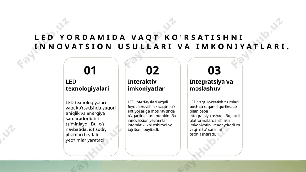 i - raqamli va an’anaviy usullarni birlashtirish, zamonaviy texnologiyaning afzalliklarini va an’anaviy usullarni tarbiyalovchi qobiliyatini birlashtirib, yangi imkoniyatlar yaratadi. xulosa led interfeysining afzalliklari led interfeyslarining eng muhim afzalliklari sifatida aniqlik, samaradorlik va ko‘p funksiyalilikni keltirish mumkin. ular vaqtni ko‘rsatishda yangi imkoniyatlar yaratadi. an’anaviy va raqamli an’anaviy vaqt ko‘rsatish usullari bilan raqamli texnologiyalar o‘rtasidagi o‘zaro ta’sir, madaniyatimizni saqlab qolish va rivojlantirishda muhim ahamiyatga ega. o‘zbek madaniyatidagi ahamiyati o‘zbekistonning tarixiy vaqtni o‘lchash usullari, zamonaviy texnologiyalar bilan birlashib, madaniy merosimizni yangilash va mustahkamlash imkonini beradi. foydalanilgan adabiyotlar 1. muxtorov, sh. a. vaqtni hisoblash va ko‘rsatish usullari: raqamli va an’anaviy yondashuvlar. o‘zbekiston respublikasi fanlar akademiyasi, 2021 2. ismoilov, a. raqamli texnologiyalar va o‘zbek madaniyatida vaqtni ko‘rsatish. o‘zbekiston milliy universiteti, 2023 3. abdullaeva, n. led interfeyslari: dizayn va amaliyot. o‘zbekiston elektronika jurnali, 2022 4. tursunov, d. o‘zbek madaniyatida vaqtni hisoblash: tarixiy va zamonaviy yondashuvlar. fan va texnologiya, 2020 5. akmalov, s. led texnologiyalari bilan an’anaviy …