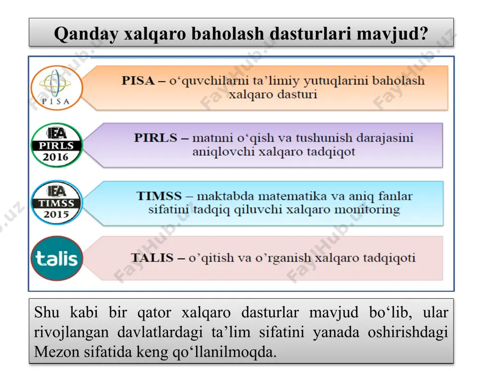muayyan yoshdagi o‘quvchilarning emas, balki 4-chi va 8-chi sinf o‘quvchilarining bilim va ko‘nikmalarini baholaydi. shu bilan birga, timss baholashlari o‘quv dasturlariga asoslangan bo‘lsa, pisa esa, o‘quvchilar egallagan bilim va ko‘nikmalarini real muammolarni hal qila olishlarini baholashga qaratiladi. timss aynan maktab bilimlarni o‘zlashtirish darajalarini baholasa, pisa bilim va ko‘nikmalarni maktabda, uyda va jamoatchilik orasida qo‘llay olish darajalariga alohida e’tibor qaratadi. programme for international student assesment xalqaro baholash dasturi pisa tadqiqotni quyidagi vositalar yordamida amalga oshiradi: 1.o‘quv topshiriqlaridan iborat test to‘plami. 2.o‘quvchilar uchun o‘zi tehsil olayotgan ta’lim muassasasi haqida anketa savollari. 3.maktab rahbarlari uchun o‘zi pedagogic faoliyat yuritayotgan ta’lim muassasasi haqida anketa savollari. 4.test va anketa savollarini o‘tkazayotgan rahbar uchun anketa savollari. 5.ta’limni boshqarish organlari xodimlari uchun anketa savollari. 6.test topshiriqlarini tayyorlash va olingan natijalarni matematik statistic tahlil qilish yuzasidan ko‘rsatmalar. kimyoviy jihozlar 1 2 3 4 5 6 7 yuqorida berilgan jihozlardan qaysi biri petri likopchasi? 1-daraja kimyoviy element qadim zamonlardagi …
