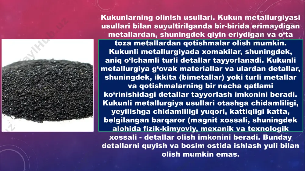 llarni mexaniq maydalash, metallarning qattiq birikmalarini (metall oksidlarini) qaytarish, elektroliz, suyuq metallarni purkash usullari qoʻlla-niladi. soʻngra kukunlardan dastlabki maʼlum kimyoviy tarkib va xossali aralashma (shixta) tayyorlanadi va undan kerakli buyumning zagotovkasi qoliplarga solib tayyorlanadi hamda presslanadi, keyin asosiy komponen-tning suyuqlanish temperaturasidan pastroq temperaturada, asosan, elektr pechlarda qovush-tirilgan zagotovkalarga sovuqlayin yoki qizdirib qoʻshimcha ishlov beri-ladi. detal va buyumlarga kerakli mustahkamlik va qattiqlik berish uchun ular pishiriladi. pishirish operasiyasi buyumni asosiy komponent suyuqlanadigan haroratning 0,6-0,8 qismiga qadar qizdirish va shu haroratda ma’lum vaqt ushlab turishdan iborat. pishirish qarshilikli elektr pechlarda induksion qizdirish yoki bevosita pishiriladigan buyum orqali tok o‘tkazish yuli bilan amalga oshiriladi. kukun metallurgiyasi пув -300 plazmakimyoviy qurilmasi va uning ishlash prinsipi: 1 - xomashyo bunkeri; 2 - kukun ta’minlagichlar; 3 - plazmogenerator; 4 - reaktor; 5 - cho‘kish kamerasi; 6 - filtr bloklari; 7 - shnek; 8 - idish texnologik xususiyatlariga qarab qiyin eriydigan metallar qiyin ishlanadigan (qirqiladigan, deformatsiyalanadigan, payvandlanadigan) …