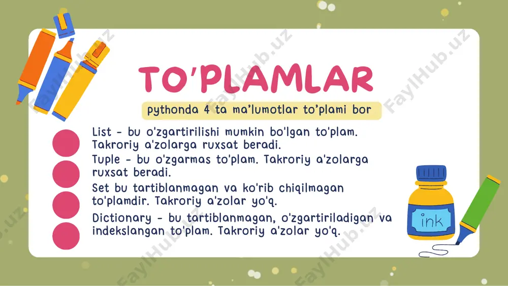 1]) ? ! teskari indeks raqamiga murojaat kvadrat qavs ichida teskari indeks orqali ham murojaat qilsa bo'ladi. misol uchun quyidagi misolga qarang. teskari indekslash jarayonida oxirgi element -1 bo'ladi. thistuple = ("apple", "banana", "cherry") print(thistuple[-1]) cherry ? ! indekslar oralig’i thislist = ("apple", "banana", "cherry", "orange", "kiwi", "melon", "mango") print(thislist[2:5]) ('cherry', 'orange', 'kiwi') ? ! set set - tartibsiz va indekslanmagan to'plam. python-da to'plamlar figurniy qavslar bilan yoziladi. set {} a b kirish elementlari thisset = {"apple", "banana", "cherry"} for x in thisset: print(x) cherry banana apple a b kiritilishi thisset = {"apple", "banana", "cherry"} for x in thisset: print(x) cherry banana apple e’tiboringiz uchun raxmat mi-202