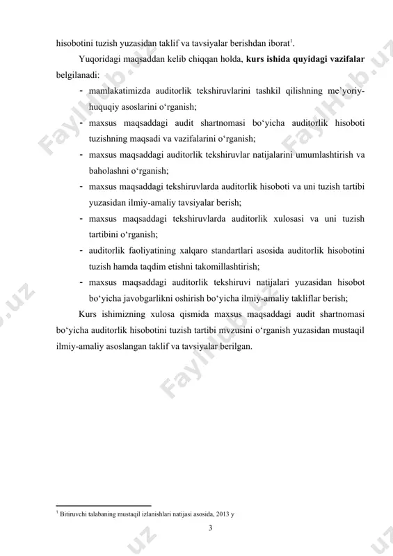 i bob. iqtisodiyotni modernizatsiyalash sharoitida auditorlik hisobotini tuzishning nazariy – xuquqiy asoslari 1.1. mamlakatimizda auditorlik tekshiruvlarini tashkil etishning huquqiy asoslari mamlakatimizda keyingi paytlarda auditorlik faoliyatini rivojlantirishga alohida e’tibor berilmoqda. «auditorlik faoliyati to‘g‘risida»gi qonunga (yangi tahriri) muvofiq «auditorlik faoliyatini takomillashtirish va auditorlik tekshirishlarining ahamiyatini oshirish to‘g‘risida» vazirlar mahkamasining qarori tasdiqlandi. buning natijasida malakali auditorlarni tayyorlash, qayta tayyorlash hamda auditorlik faoliyatini litsenziyalashda jiddiy o‘zgarishlar sodir bo‘ldi. bu o‘z navbatida auditorlar va auditorlik tashkilotlarini huquq va mas’uliyatlarini yanada oshirdi va ular o‘rtasida raqobat kuchaydi. ushbu auditorlik faoliyatni rivojlantirish esa ko‘p jihatdan nazariy, huquqiy-me’yoriy, amaliy tashkil etish jihatlarini ilmiy asoslangan holda takomillashtirishga bog‘liq. bu borada so‘ngi yillarda auditorlik faoliyatini shakllantirish va rivojlantirish bo‘yicha qator ijobiy ishlar amalga oshirildi. jumladan, mamlakatimizda auditorlik tashkilotlari faoliyatini yanada takomillashtirish hamda ular ko‘rsatayotgan xizmatlarni rivojlantirish maqsadida o‘zbekiston respublikasi prezidentining «auditorlik tashkilotlari faoliyatini yanada takomillashtirish hamda ular ko‘rsatayotgan xizmatlar sifati uchun javobgarlikni oshirish to‘g‘risida» 4-aprel 2007 yil 615-qarori qabul qilindi …