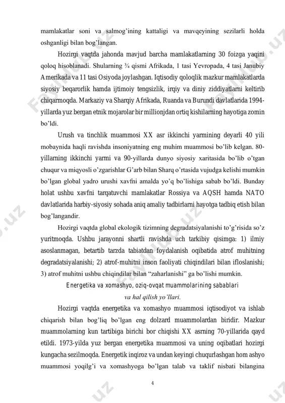 , balik ularni qazib chiqarish sharoitlari, dastavval kongeologik sharoitlarning murakkablashuvi hamda xomashyo qazib olinayotgan va u birlamchi qayta ishlanayotgan hududlarda ekologik vaziyatning yomonlashuvi bilan ham bog’langandir. global oziq-ovqat muammosi insoniyatning eng qadimgi muammolaridan biri hisoblanadi. ocharchilik qadimgi davrlarda ham, o’rta asrlarda ham, hozirgi vaqtda ham insonlarning boshiga tushgan eng katta kulfatlardan biri bo’lgan. ocharchilik 2 shaklda namoyon bo’ladi. birinchi shakilda ocharchilik surunkali davom etadi, uning natijasida odamlarning sog’lig’i yomonlashadi, tinkasi qurioydi va harhil kasalliklarga chalinishi ehtimoli kuychayadi. ocharchilikning bu shakli “to’yib ovqat yemaslik” deb ham ataladi. ikkinchi shaklida balum bir vaqtda, malum bir hududda qurg’oqchilik yoki boshqa sabablar bilan bog’liq bo’lgan ocharchilik oqibatida millionlab, o’n millionlab insonlar halok bo’ladi. fao (xalqaro oziq-ovqat bilan ta’minlash tashkiloti), voz (xalqaro sog’liqni saqlash) va boshqa tashkilotlarning ma’lumotiga ko’ra insonning bir kunlik oziq- ovqat normasi 2400-2500 kkal dan past bo’lmasligi lozim. ba/zi mualliflar ushbu ko’rsatkich 2700-2800 kkal ga teng bo’lishi lozim deb hisoblamoqdalar. shu bilan …