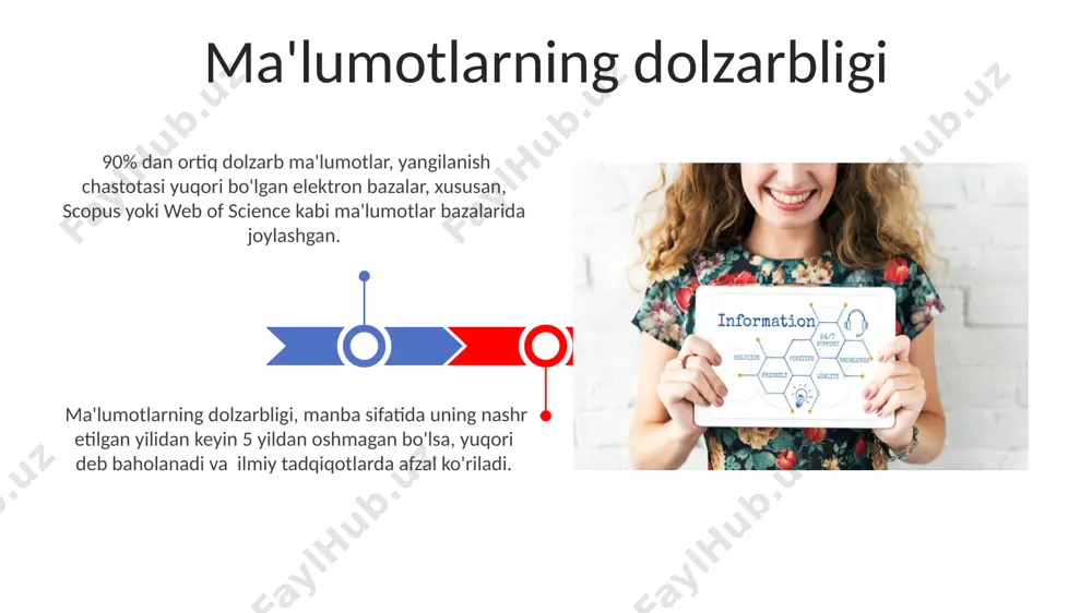 i, tovushning aniqligi va tozaligiga ta'sir qiladi. stereo audio 2 ta audio kanalni, mono audio esa faqat 1 ta kanalni o'z ichiga oladi, bu esa audio ma'lumotlar hajmi va sifatiga ta'sir qiladi. noto'g'ri ma'lumotlarning xavfi noto'g'ri ma'lumotlarning tarqalishi, ayniqsa ijtimoiy tarmoqlarda, 70% gacha noto'g'ri tushunchalarga va 30% gacha xato qarorlarga olib kelishi mumkin, bu esa jamiyatga salbiy ta'sir ko'rsatadi. noto'g'ri ma'lumotlarning manbalari turlicha bo'lib, ularning 25%i ataylab yolg'on ma'lumotlarni tarqatish bilan bog'liq, qolganlari esa bilmasdan yoki noto'g'ri talqin qilingan ma'lumotlardir, bu esa dezinformatsiya darajasini oshiradi. ma'lumot turlari ma'lumotlar sonli (kvantitativ) va sifatli (kvalitativ) boʻlib ikki turga boʻlinadi, sonli ma'lumotlar 1, 2, 3 kabi raqamlar bilan ifodalanadi, sifatli ma'lumotlar esa rang, shakl kabi tavsiflarni o'z ichiga oladi. ma'lumotlarning ishonchliligini baholashda, ma'lumot manbasining obro'si, ma'lumotning to'liqligi va manbalar soni kabi 3 ta muhim omilni hisobga olish kerak. e'tiboringiz uchun rahmat @taqdimot_robot image4.jpg image5.jpg image6.jpg image7.jpg image8.jpg image9.jpg image10.jpg image11.jpg image12.jpg image13.jpg image14.jpg …