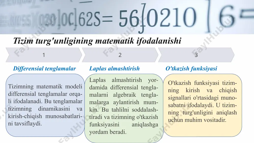 shtirish modellashtirish dasturlari diskret tizimlarni modellashtirish uchun matlab/simulink, python va boshqa dasturlar mavjud. simulyatsiya modellashtirish orqali tizimning xatti-harakatini simulyatsiya qilish va tahlil qilish mumkin. tahlil simulyatsiya natijalariga asoslanib tizimning turg'unligini va boshqa xususiyatlarini tahlil qilish. 14 matlab/simulink muhitida turg'unlik tahlili 1 simulink bloklari simulinkda diskret tizimlarni modellashtirish uchun turli bloklar mavjud. 2 tahlil vositalari matlabda tizimning turg'unligini tahlil qilish uchun turli vositalar mavjud, jumladan routh-hurwitz mezoni va nyquist diagrammasi. 3 simulyatsiya natijalari simulyatsiya natijalari tizimning xatti-harakatini va turg'unligini baholash uchun ishlatiladi. 15 amaliy masalalar yechimi avtomatik boshqaruv tizimlari avtomatik boshqaruv tizimlarining turg'unligini tahlil qilish va loyihalash. signalni qayta ishlash tizimlari signalni qayta ishlash tizimlarining turg'unligini tahlil qilish va loyihalash. aloqa tizimlari aloqa tizimlarining turg'unligini tahlil qilish va loyihalash. 16 real tizimlarda turg'unlik muammolari noaniqlik tizim parametrlaridagi noaniqlik turg'unlikka ta'sir qilishi mumkin. 1 nochiziqlik nochiziqli elementlar tizimning turg'unligini murakkablashtirishi mumkin. 2 vaqt kechikishi vaqt kechikishi tizimning turg'unligiga salbiy ta'sir qilishi mumkin. …