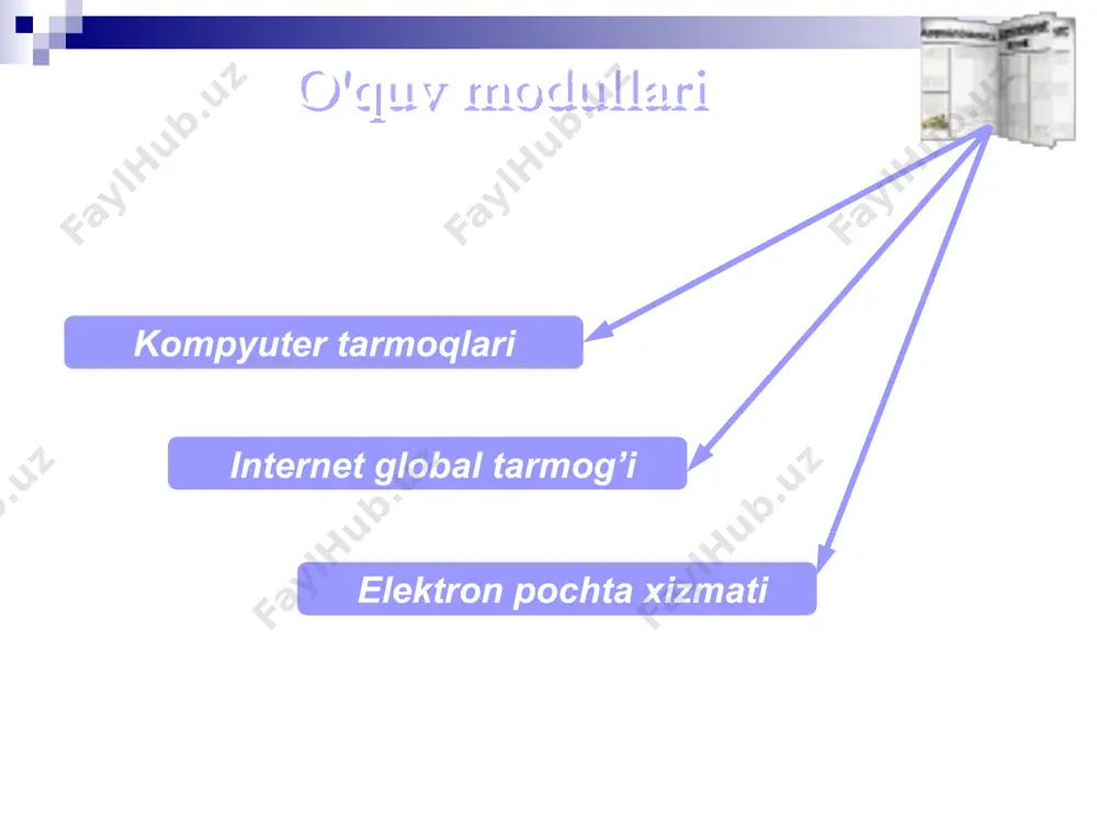 ndan foydalanishni ta'minlab bеradi. intеrnеt nima? * intеrnеtning asosiy tushunchalari intеrnеtning asosiy tushunchalari: intеrnеt – international network - xalqaro tarmoq ma'nosini anglatadi vеb sayt – biror bir sohaga, faoliyatga, voqеa va xodisaga bag'ishlangan ma'lumotlarni o'zida jamlagan intеrnеt sahifalar majmui. intеrnеt provaydеr – intеrnеt tarmog'i xizmatlaridan foydalanishni ta'minlab bеruvchi yuridik shaxs. elеktron pochta – intеrnеt tarmog'i orqali tеzkor ma'lumotlar va xabarlar almashish tizimi chat – intеrnеt tarmog'i orqali tеzkor muloqotni yozishuv asosida tashkil qilish xizmati forum – intеrnеt tarmog'i orqali turli toifadagi masalalarni o'zaro muhokama qilish tizimi intеrnеt konfеrеntsiya – intеrnеt tarmog'i xizmatlari orqali turli anjumanlarni tashkil etish trafik - bu intеrnеt aloqa kanallari orqali uzatilgan ma'lumotlar oqimi hajmi. intеrnеt manzil (url) – intеrnеt tarmog'ida joylashtirilgan axborot rеsurslarining murojaat manzillari. * intеrnеt bilan bog'lanish oddiy tеlеfon liniyasi orqali intеrnеtga bog'lanish mobil tеlеfon orqali intеrnеtga bog'lanish * intеrnеt provaydеrlar intеrnеt provaydеrlar – quyidagi intеrnеt xizmatlarini foydalanuchilarga taqdim etadi: intеrnеt rеsurslaridan foydalanish elеktron …