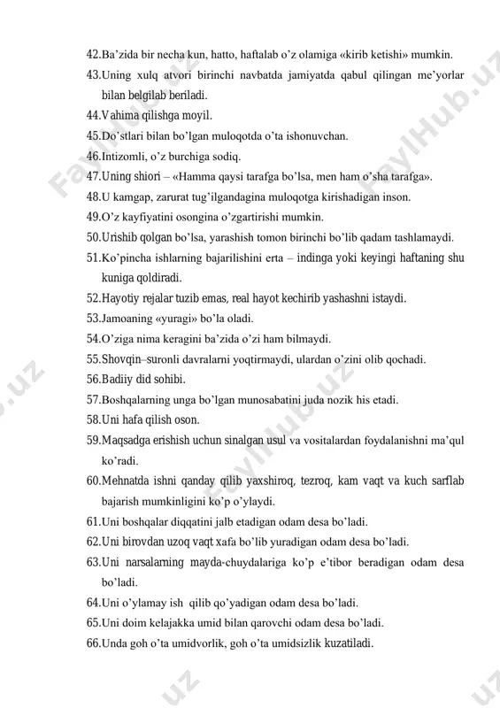 ladi. 65. uni doim kelajakka umid bilan qarovchi odam desa bo’ladi. 66. unda goh o’ta umidvorlik, goh o’ta umidsizlik kuzatiladi. 67. uni kelajakka umidsizlik bilan munosabatda bo’luvchi odam desa bo’ladi. 68. uni hissiyotga juda beriluvchan odam desa bo’ladi. 69. uni o’ta xavotirlanuvchan odam desa bo’ladi. 70. uni haddan tashqari tinchliksevar odam desa bo’ladi. 71. uni kirishimli, odamshinavanda odam desa bo’ladi. 72. uni yakkalanuvchan, odamovi odam desa bo’ladi. eslatma № 2. so’rovnomadan ekspert baholarini olish uchun foydalanish samarali bo’lishi mumkin. javob varaqasi eslatma № 3. natijalarni qayta ishlash va hisoblashda tekshiriluvchi faqat o’ziga xos deb bilgan ta’kidlar miqdori hisobga olinadi. ballar shaxs aktsentuatsiyasi tiplari va ularga muvofiq keluvchi ta’kidlarning tartib raqami 01 02 03 04 05 06 07 08 09 10 11 12 5 1 2 3 4 5 6 7 8 9 10 11 12 4 13 14 15 16 17 18 19 20 21 22 23 24 3 25 …