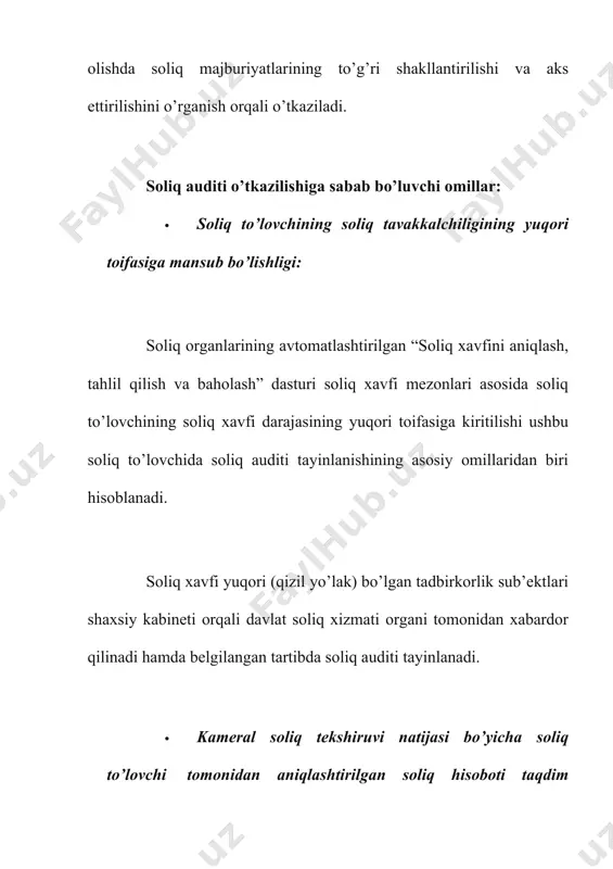 uquqlarini himoya qilish maqsadida soliq organlari tomonidan tashkil etilayotgan tekshiruvlar qay darajada soliq qonunchiligi talablariga javob bergan holda tayinlanganligi, soliq tekshiruvlari natijalari qay darajada to’g’ri rasmiylashtirilganligi va boshqa holatlarga e’tibor berishlari lozim. bundan tashqari, mamlakatimizda iqtisodiy barqarorlikni yanada oshirish maqsadida tadbirkorlik sub’ektlari faoliyatini rivojlantirishga qaratilgan chora-tadbirlarning navbatdagi imkoniyatlari sifatida soliq siyosatida quyidagi o’zgarishlarni eslatib o’tamiz, ya’ni 2022 yil 22 avgust kuni o’tkazilgan o’zbekiston respublikasi prezidentining tadbirkorlar bilan ochiq muloqoti doirasida belgilangan ustuvor vazifalar ijrosini ta’minlash, shuningdek, tadbirkorlik sub’ektlari faoliyatiga asossiz aralashuvlarning oldini olish, nazorat qiluvchi organlarning mas’uliyatini oshirish va faoliyati ochiqligini ta’minlash maqsadida, prezidentning 2022 yil 13 sentyabrdagi “tadbirkorlik sub’ektlari faoliyatida tekshiruvlar o’tkazishni muvofiqlashtirish tartibini takomillashtirish chora-tadbirlari to’g’risida”gi qarori qabul qilindi. qaror asosida quyidagi o’zgartirishlar kiritilmoqda: · 2022 yil 1 noyabrdan boshlab tadbirkorlik sub’ektlari faoliyatida o’tkaziladigan barcha tekshiruvlar “yagona davlat nazorati” axborot tizimida ro’yxatga olinadi. bunda tadbirkorlik sub’ektlari faoliyatida mazkur tizimda ro’yxatga olinmagan tekshiruvlarni o’tkazish noqonuniy hisoblanadi. tadbirkorlik sub’ektlari faoliyatida …