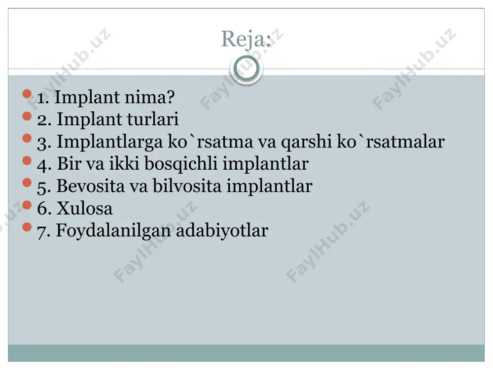 gan tish o`rniga bitta implantat qo`yamiz. foydalanilgan adabiyotlar 1. tdsi xirurgik stomatologiya va dental implantologiya kafedrasi -доцент хасанов ш.м. дентал имплантация тарихи, ишлатадиган материаллар ва уларнинг таснифи. 2.https://www.novadent.ru/uslugi/implantatsiya-zubov/odnomomentnaja/ 3. stomatologiya j.a.rizayev toshkent – 2018 image8.jpg image9.jpg image10.jpg image11.jpg image12.jpg image13.jpg image14.jpg image15.jpg image16.jpg image17.jpg image18.png image19.png image20.jpg image21.jpg image22.jpg image23.jpg image24.jpg image33.jpg image34.png image25.jpg image26.jpg image27.jpg image28.jpg image29.jpg image30.jpg image31.jpg image32.jpg