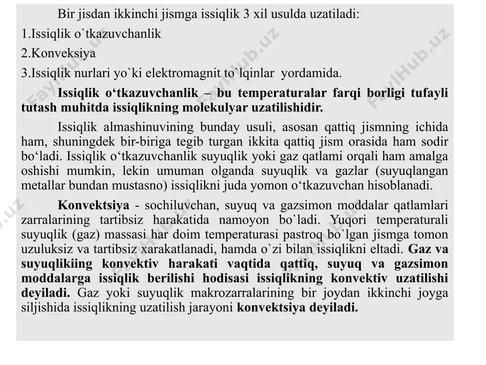 temperatura maydoni nostatsionar bo‘ladi: t=f(x,y,z,); t/0 (2) agar jismning temperaturasi faqat koordinataning funktsiyasi bo‘lib, vaqt davomida o‘zgarmasa, u holda temperatura maydoni statsionar bo‘ladi. t=f(x,y,z); t/=0 (3) temperatura maydoni uchta, ikkita va bitta koordinataning funktsiyasi bo‘lishi mumkin va mos ravishda, u uch, ikki va bir o‘lchamli deyiladi. hamma nuqtalarida temperatura bir xil bo‘ladigan sirt izotermik sirt deyiladi. fazoning ayni nuqtasining o‘zida bir vaqtda ikki xil temperatura bo‘lishi mumkin emasligi uchun, turli izotermik sirtlar xech vaqt bir-biri bilan kesishmaydi. ularning barchasi jism sirtida tugaydi yoki butunlay uning ichida joylashadi. jismning temperaturasi izotermik sirtlarni kesib o‘tadigan yo‘nalishlar-dagina o‘zgaradi bunda uzunlik birligida temperaturaning eng katta o‘zgarishi izotermik sirtga normal n yo‘nalishida bo‘ladi. izotermalar. temperatura gradienti haqidagi tushunchaga doir temperatura o‘zgarishi t ning izotermadagi normal bo‘yicha masofa n ga nisbati temperatura gradienti deyiladi: (4) temperatura gradienti – izotermik sirtga tushirilgan normal bo‘yicha yo‘nalgan vektordir. uning temperaturaning ortishi tomoniga yo‘nalishi musbat yo‘nalish hisoblanadi. issiqlik almashinuvining boshqa …