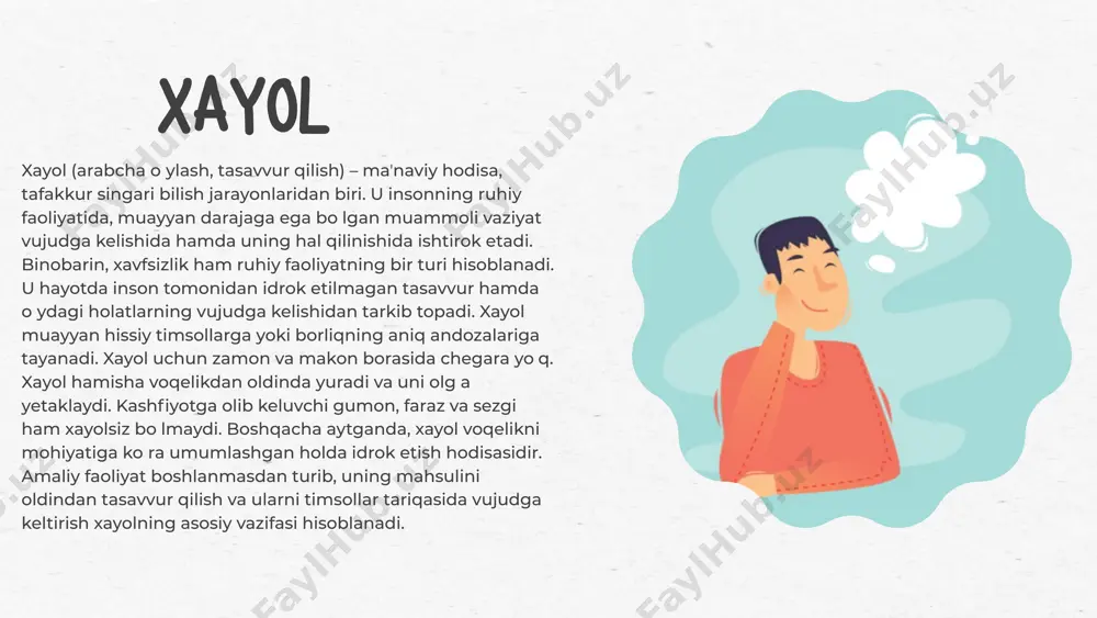 ixik faoliyat fantaziya insonning badihagoʻylik qobiliyati, badiiy toʻqimalarga ustaligi, topagʻonligi, ixtiroga moyilligi, antiqa, aqlga toʻgʻri kelmaydigan holatlarni roʻyobga chiqarishga uquvchanligi kabilarda namoyon boʻladi. fantaziya tufayli eshitmagan ko’rmagan narsa va hodisalar tasavvur qilinadi kreativlik kreativlik kreativ ( inglizcha ,, creativity” ) ijodiy degan ma’noni anglatadi . kreativlik - bu madaniyat vositasi asosida shaxs sifatida shakillanish jarayonida namoyon boladigan shaxsning shaxsiy sifatidir . kreativlik bu insonning shaxsiy xususiyati bo’lib uning o’z o’zini takomillashtirib va rivojlantirib borishi bilan bog’liq . e’tiboring uchun rahmat click to edit master title style click to edit master text styles second level third level fourth level fifth level 5/28/2024 ‹#› click to edit master title style click to edit master subtitle style 5/28/2024 ‹#› click to edit master title style click to edit master text styles second level third level fourth level fifth level 5/28/2024 ‹#› click to edit master title style click to edit master text styles …
